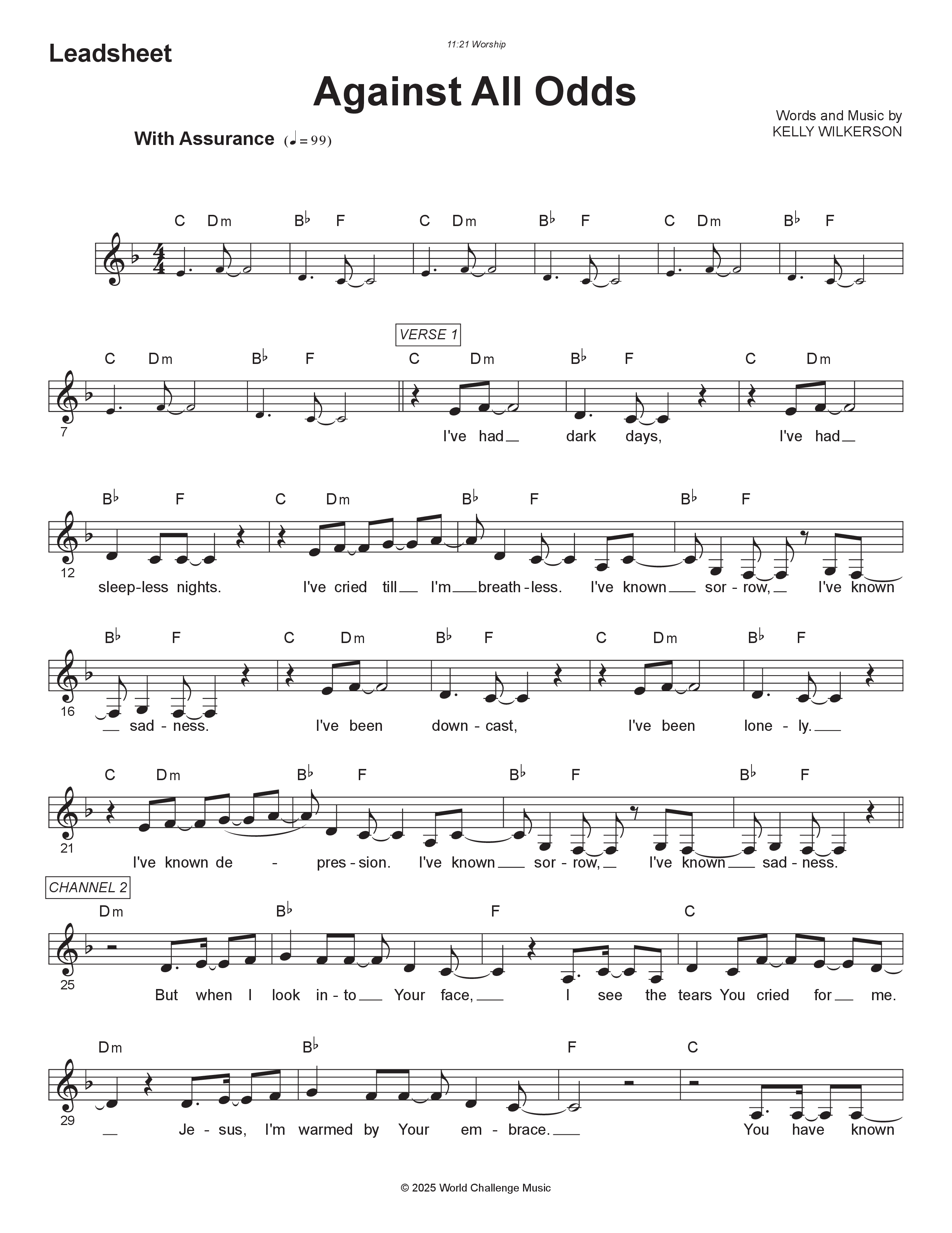 Against All Odds Lead Sheet Melody (11:21 Worship)