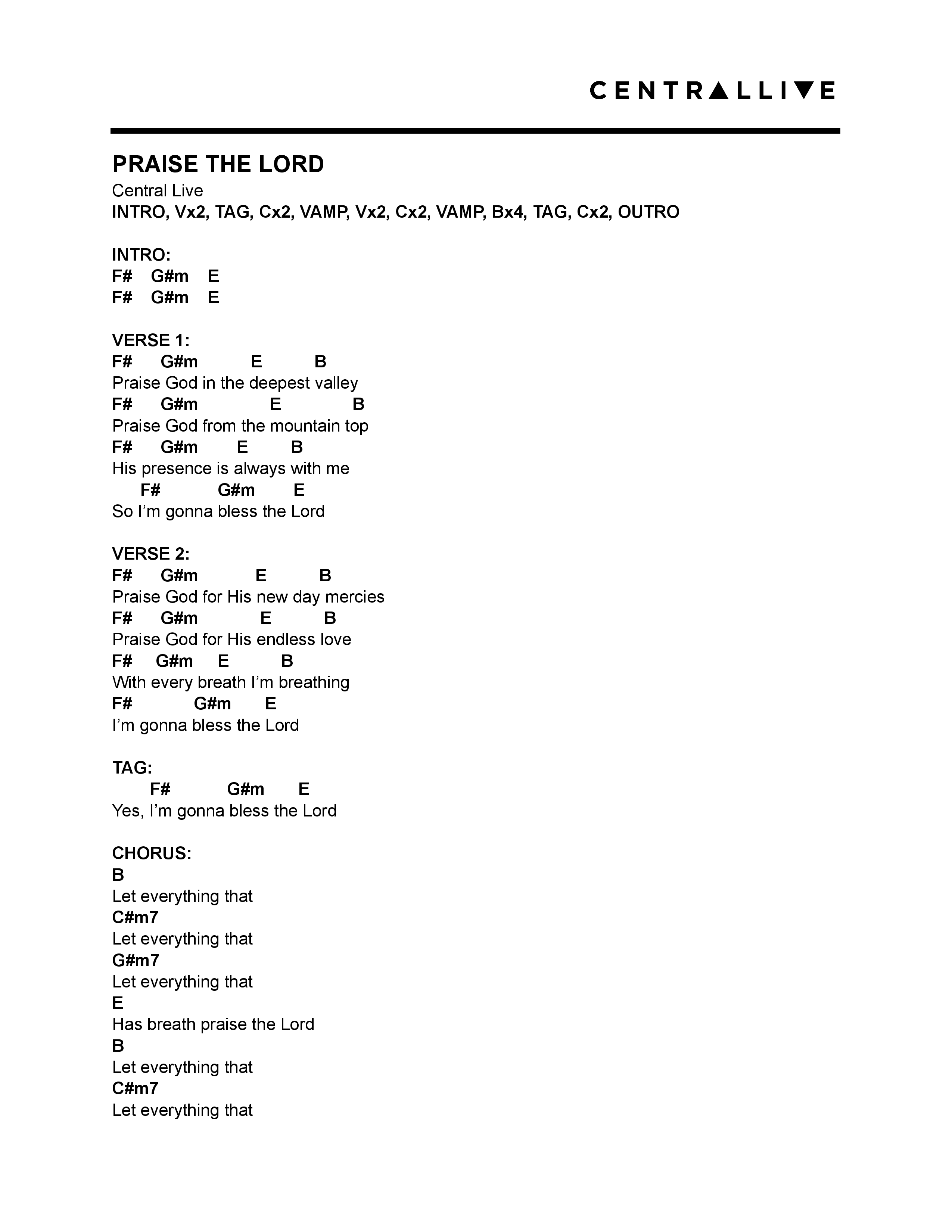 Praise The Lord (Live) Chord Chart (Central Live)