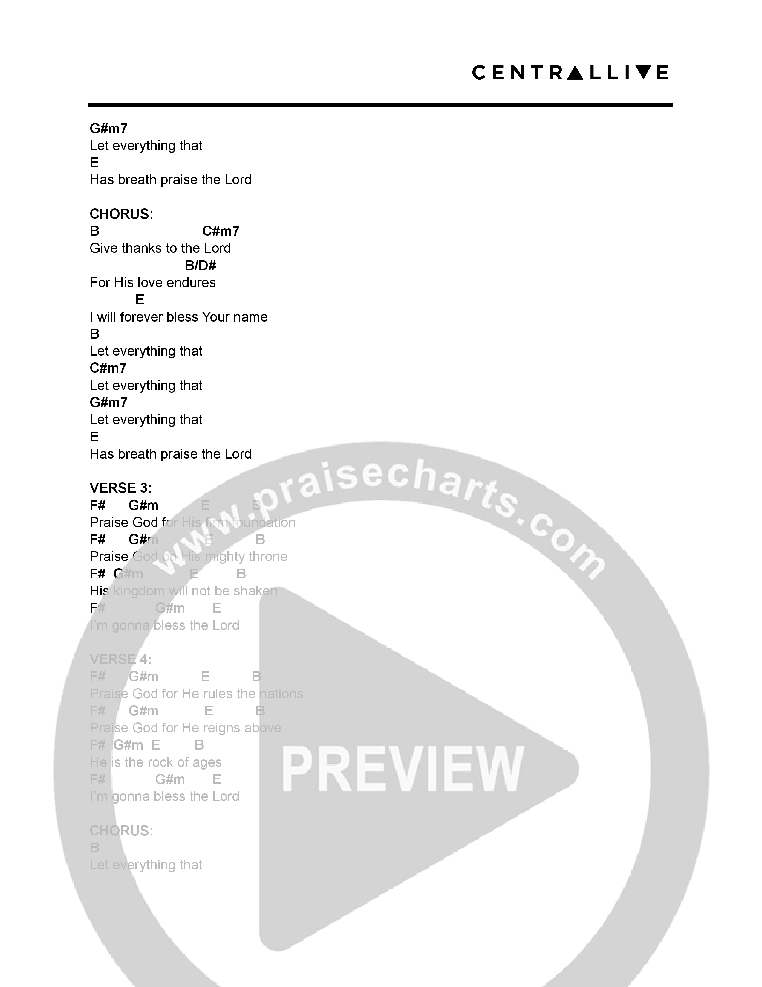 Praise The Lord (Live) Chord Chart (Central Live)