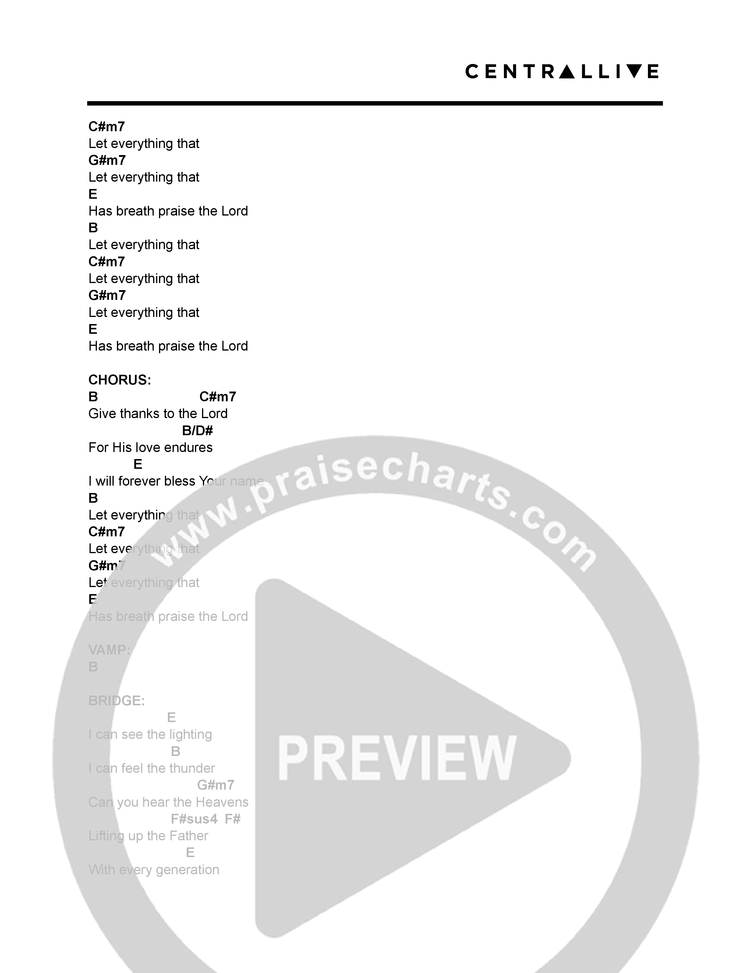 Praise The Lord (Live) Chord Chart (Central Live)