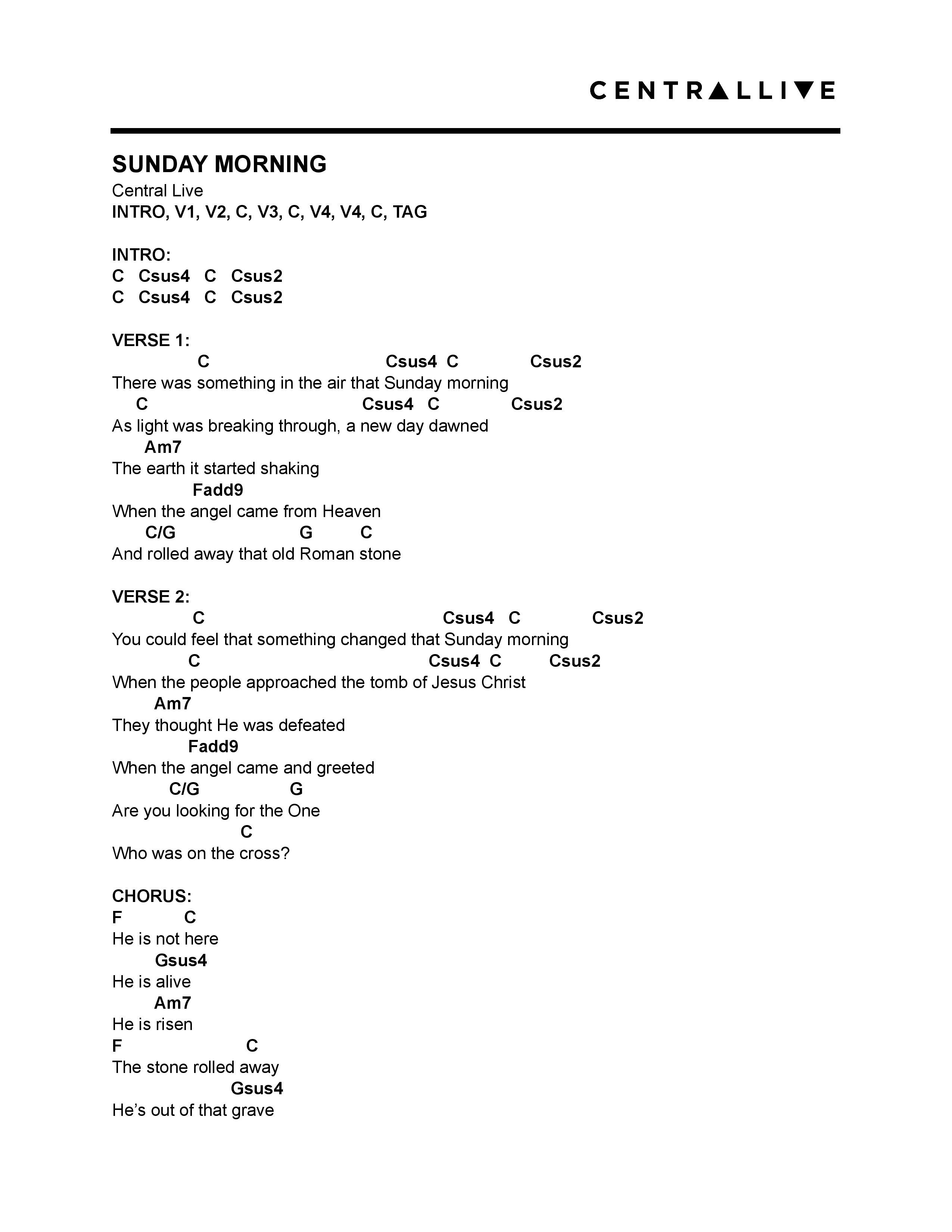 Sunday Morning (Live) Chord Chart (Central Live)