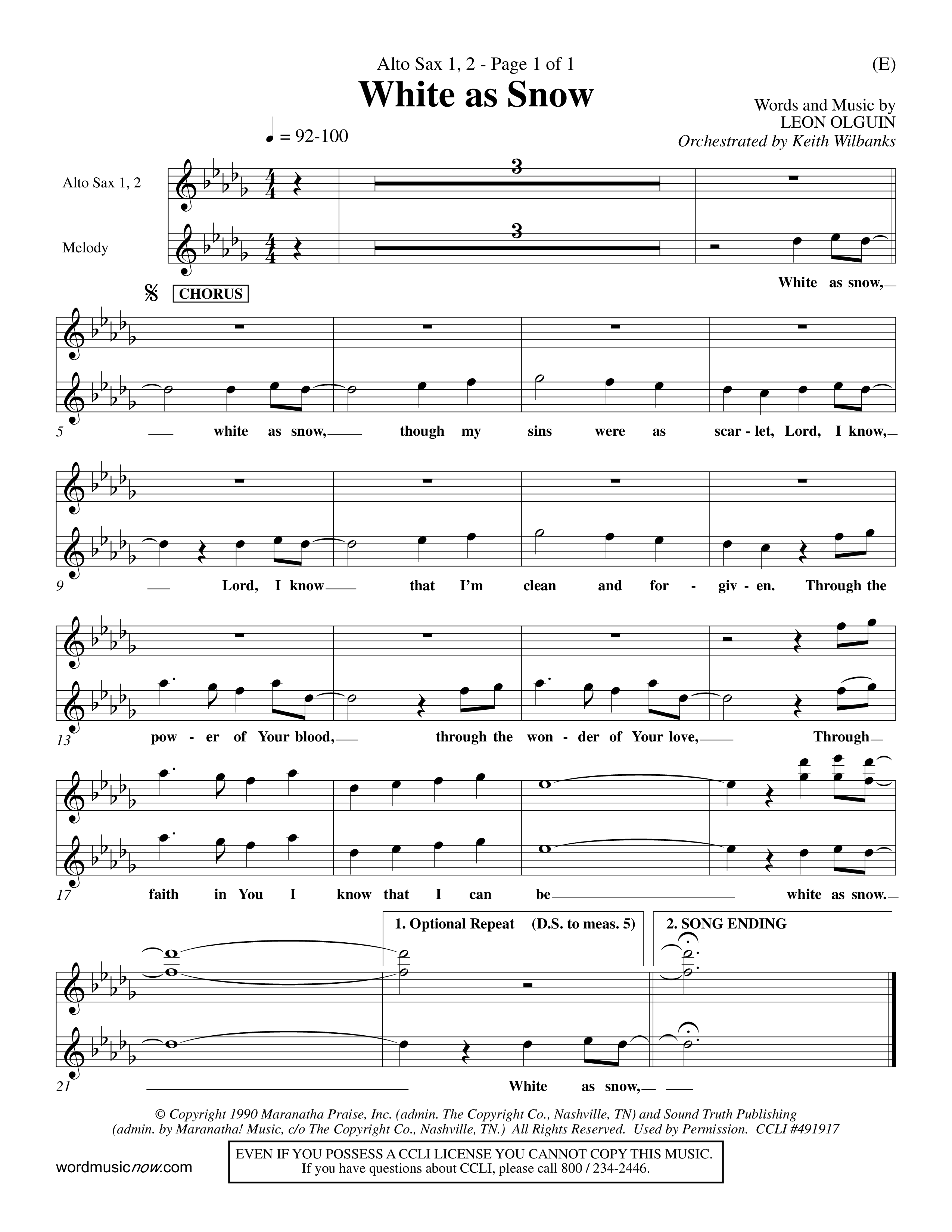 White As Snow (Choral Anthem SATB) Alto Sax 1/2 (Word Music Choral / Orch. Keith Wilbanks)