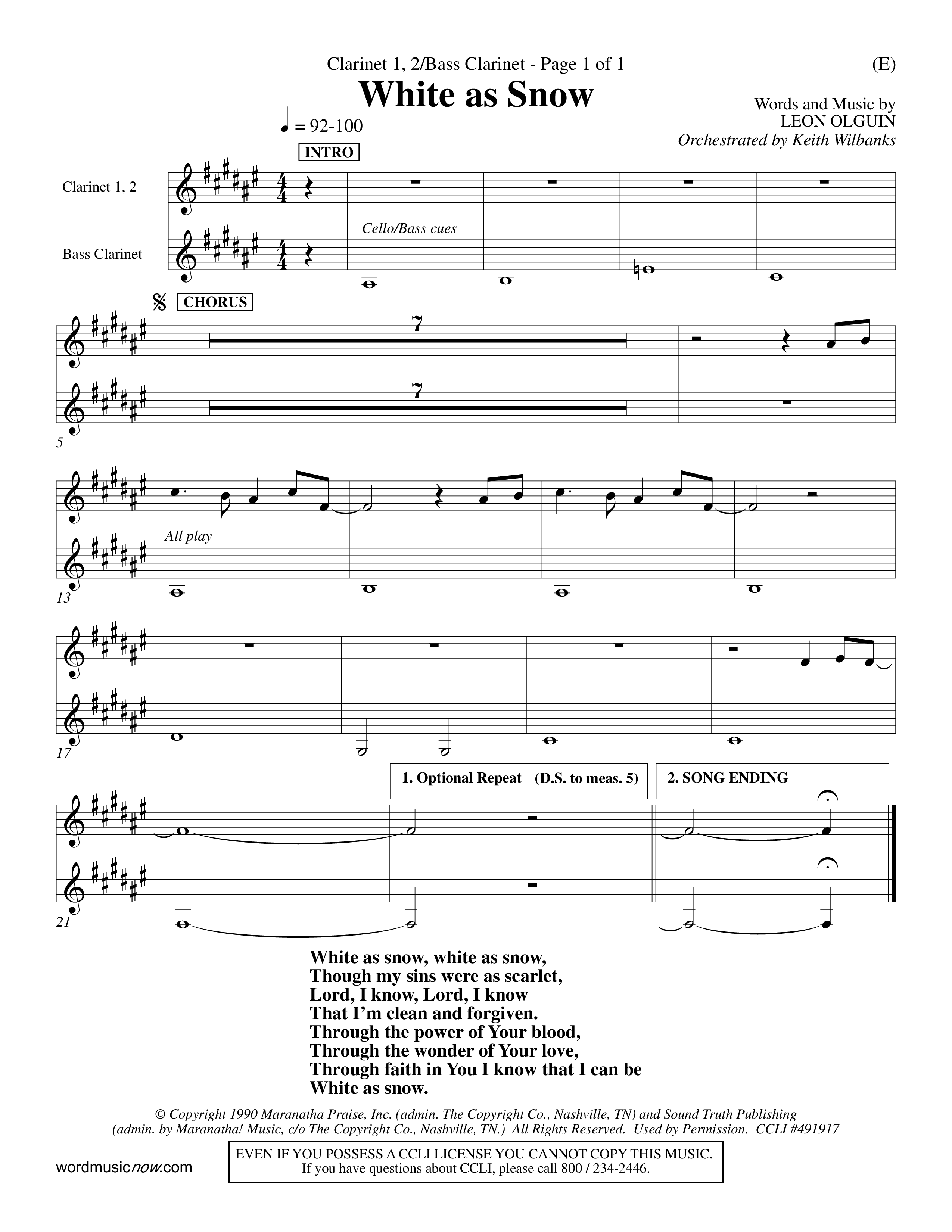 White As Snow (Choral Anthem SATB) Clarinet 1/2, Bass Clarinet (Word Music Choral / Orch. Keith Wilbanks)