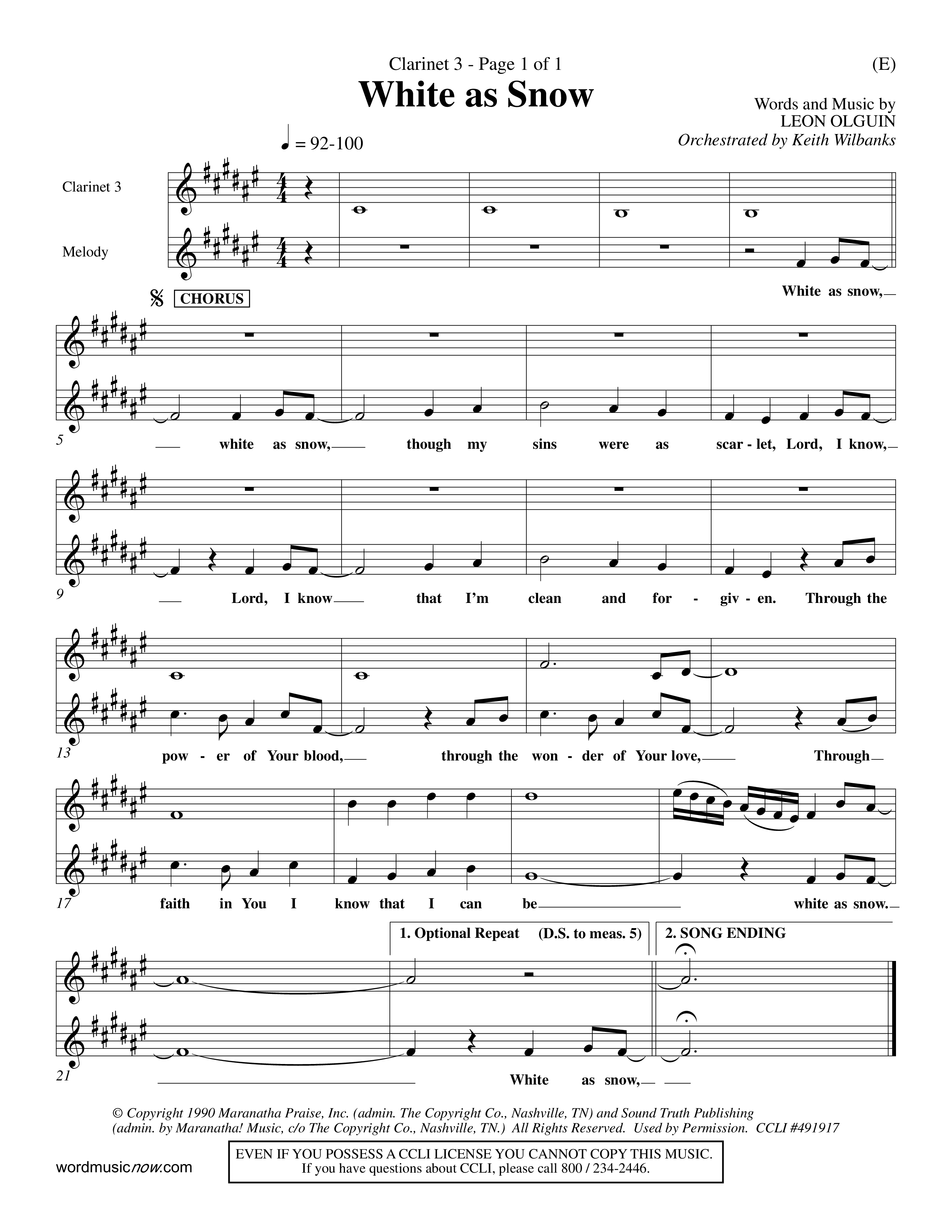 White As Snow (Choral Anthem SATB) Clarinet 3 (Word Music Choral / Orch. Keith Wilbanks)