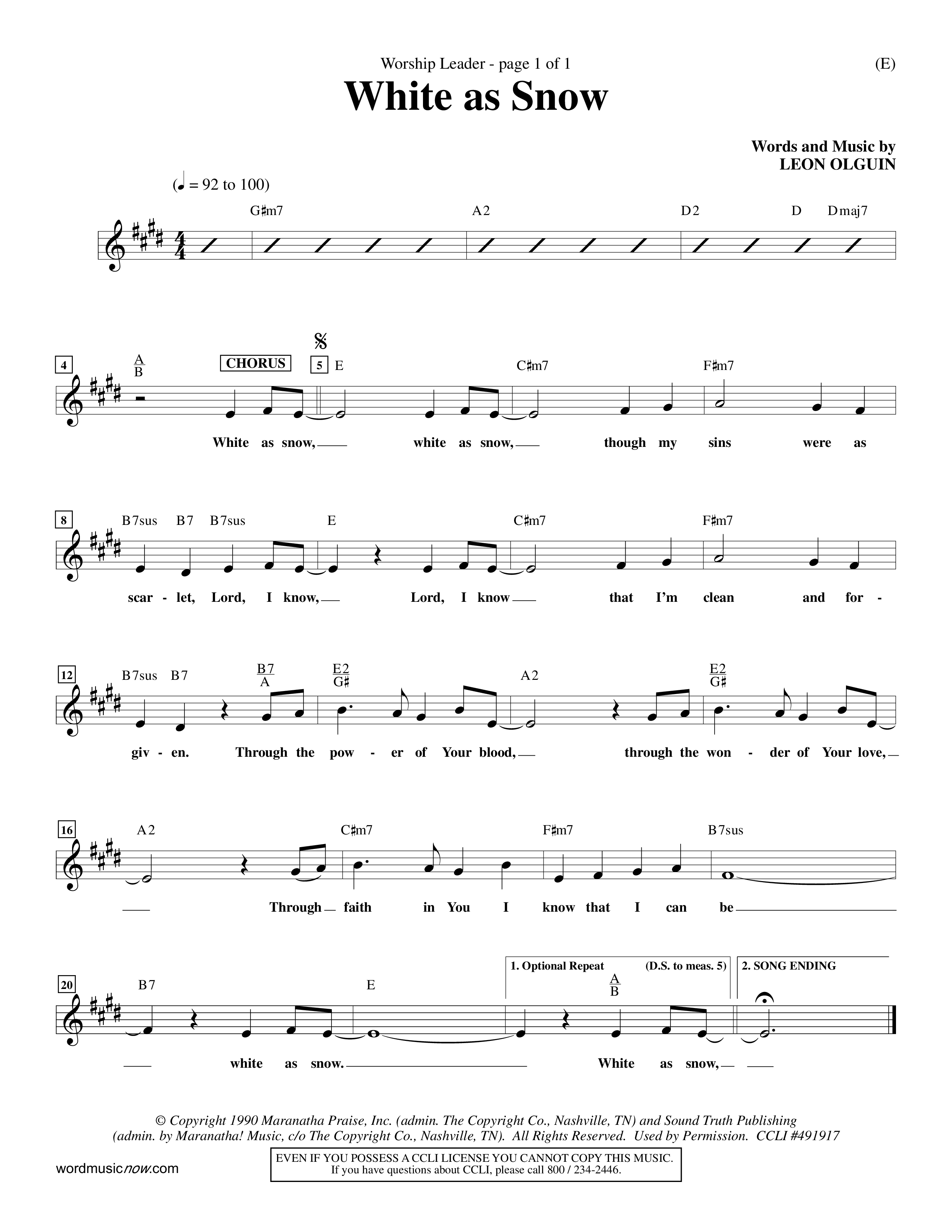 White As Snow (Choral Anthem SATB) Lead Sheet (Mel) (Word Music Choral / Orch. Keith Wilbanks)