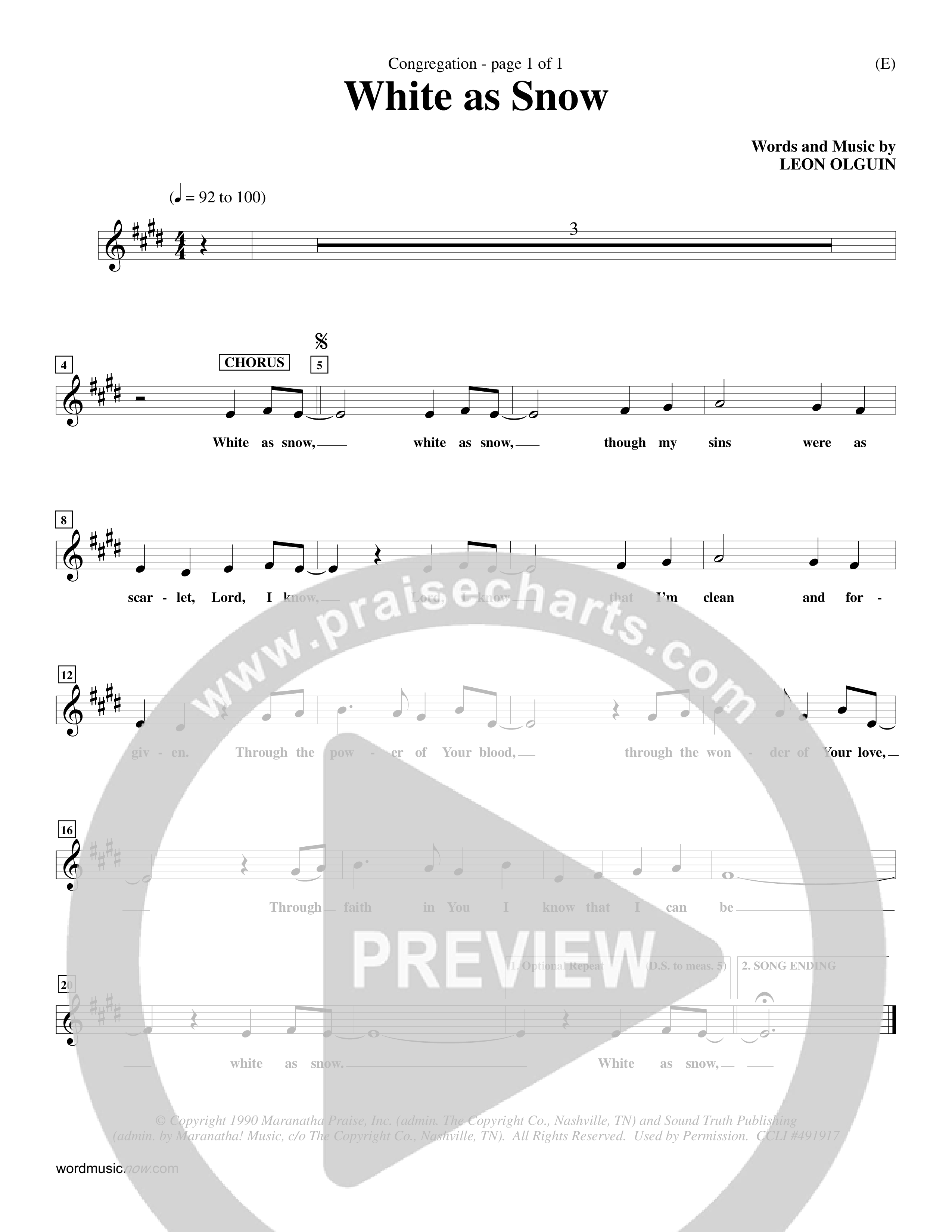 White As Snow (Choral Anthem SATB) Lead Sheet (Mel) (Word Music Choral / Orch. Keith Wilbanks)