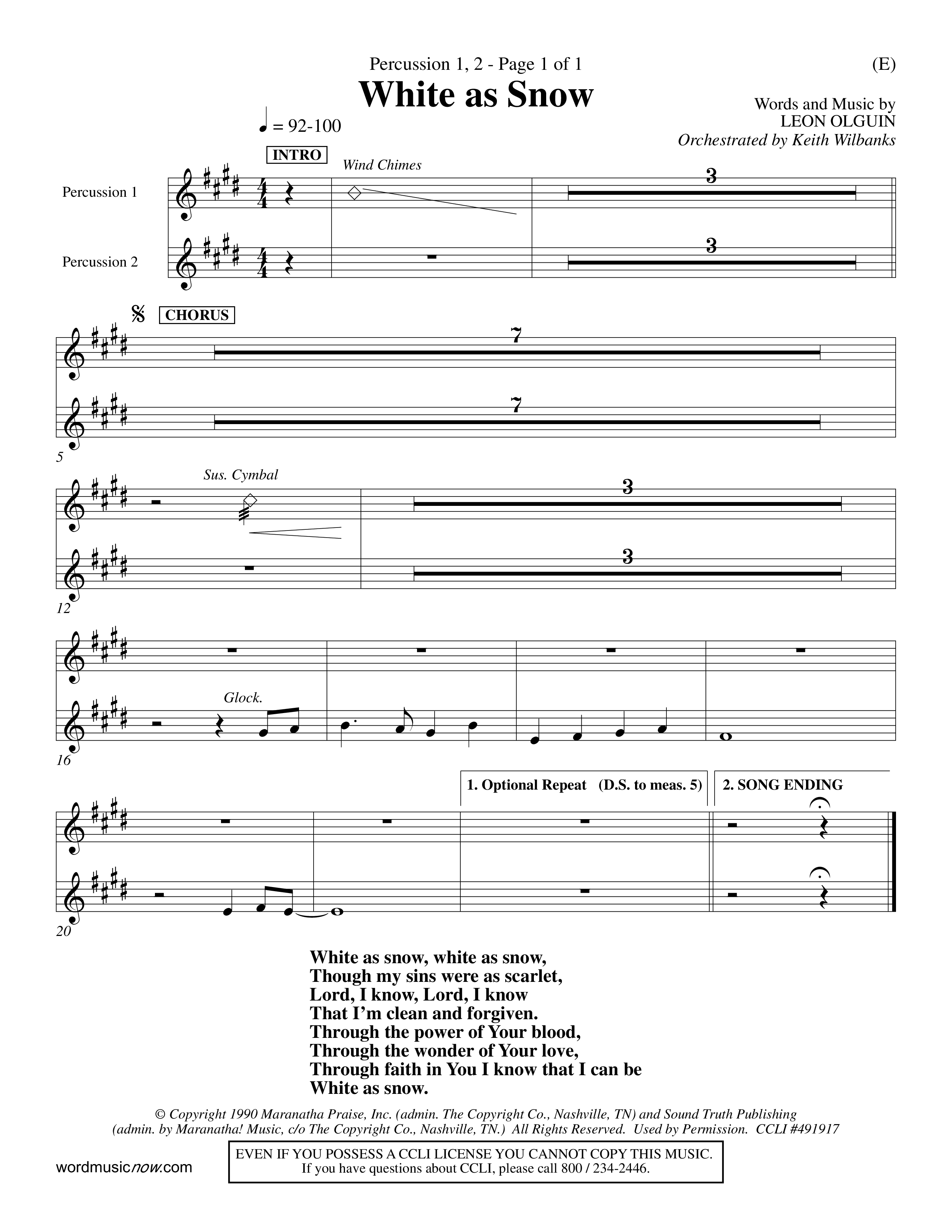 White As Snow (Choral Anthem SATB) Percussion 1/2 (Word Music Choral / Orch. Keith Wilbanks)