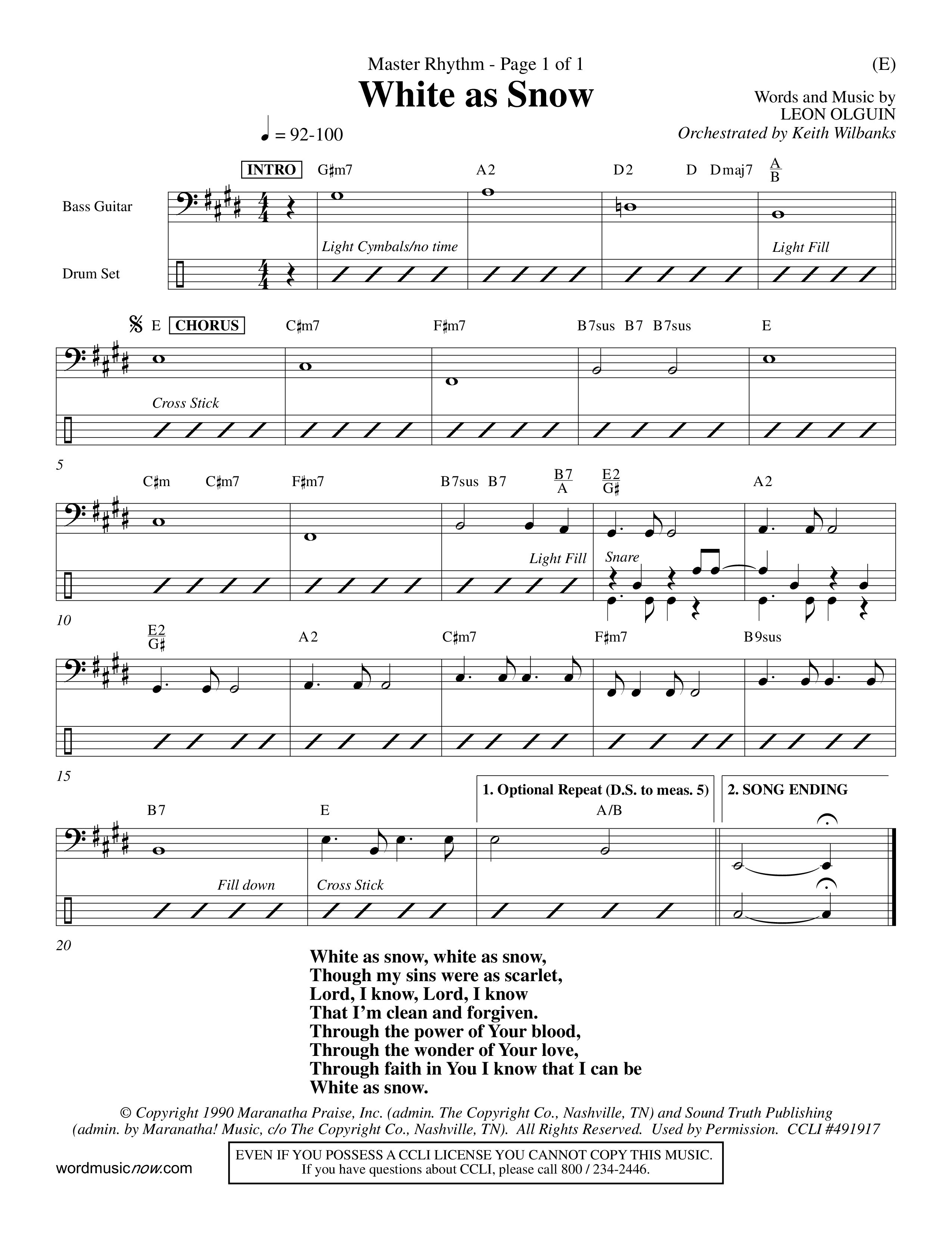 White As Snow (Choral Anthem SATB) Rhythm Chart (Word Music Choral / Orch. Keith Wilbanks)