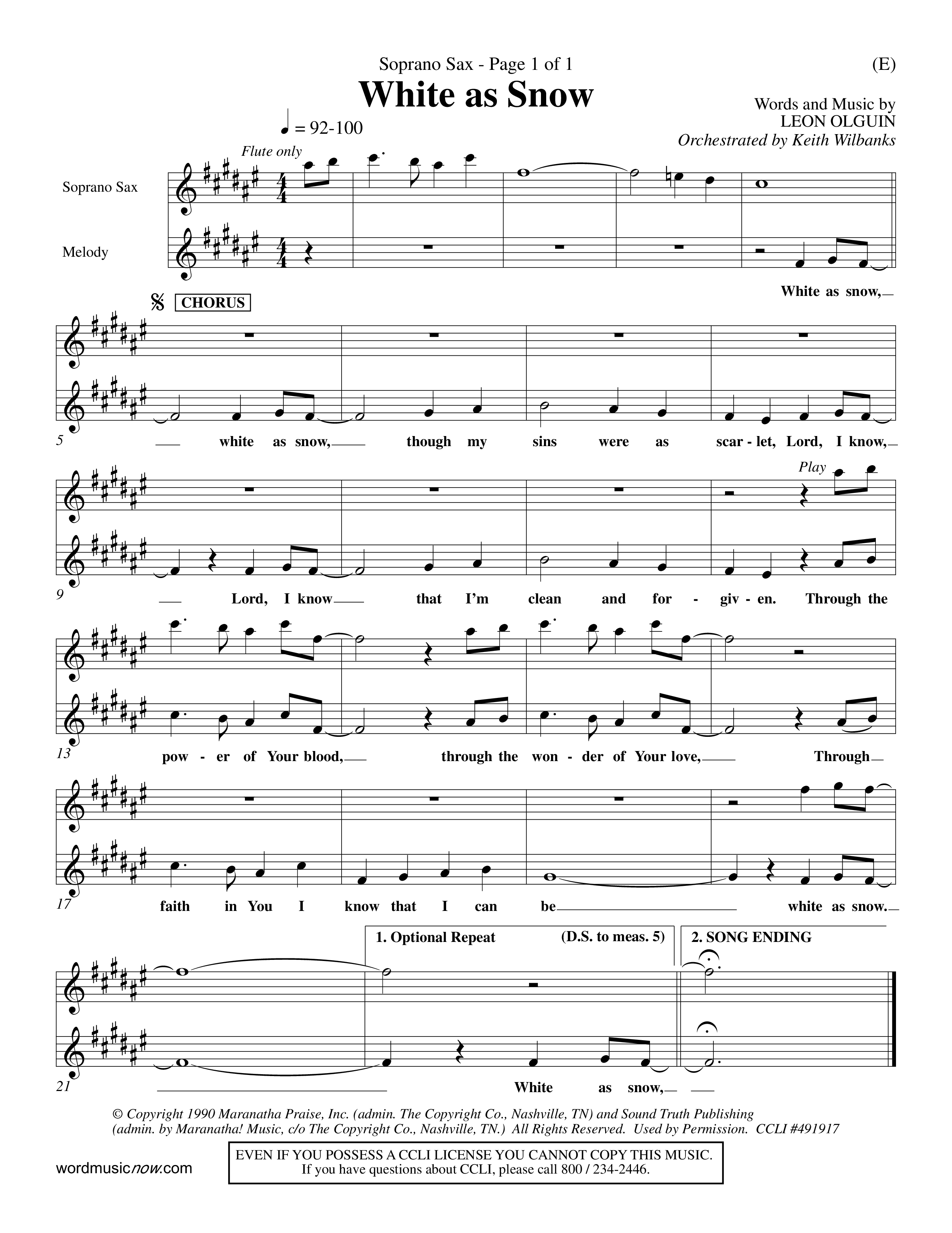 White As Snow (Choral Anthem SATB) Saxophone (Word Music Choral / Orch. Keith Wilbanks)