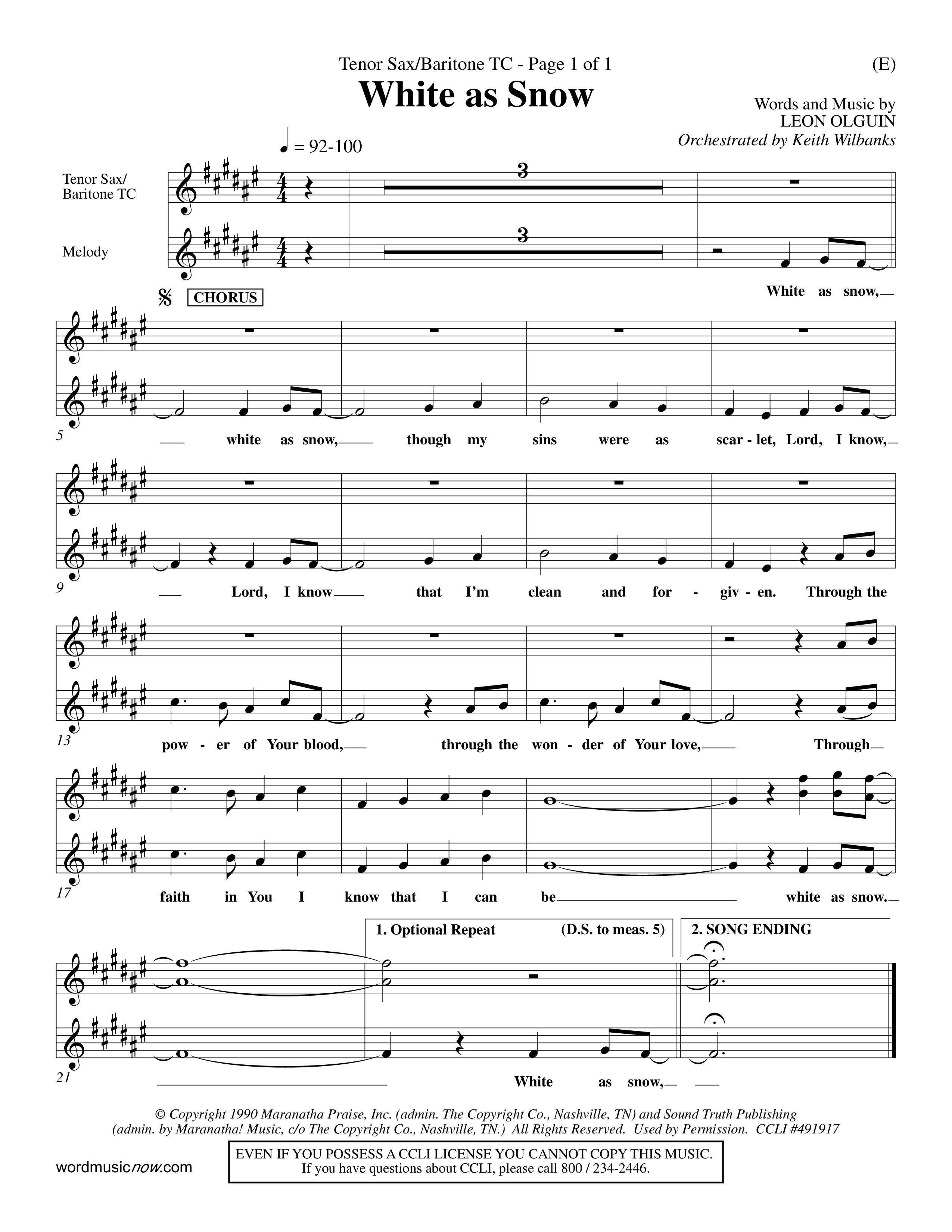 White As Snow (Choral Anthem SATB) Tenor Sax/Baritone T.C. (Word Music Choral / Orch. Keith Wilbanks)