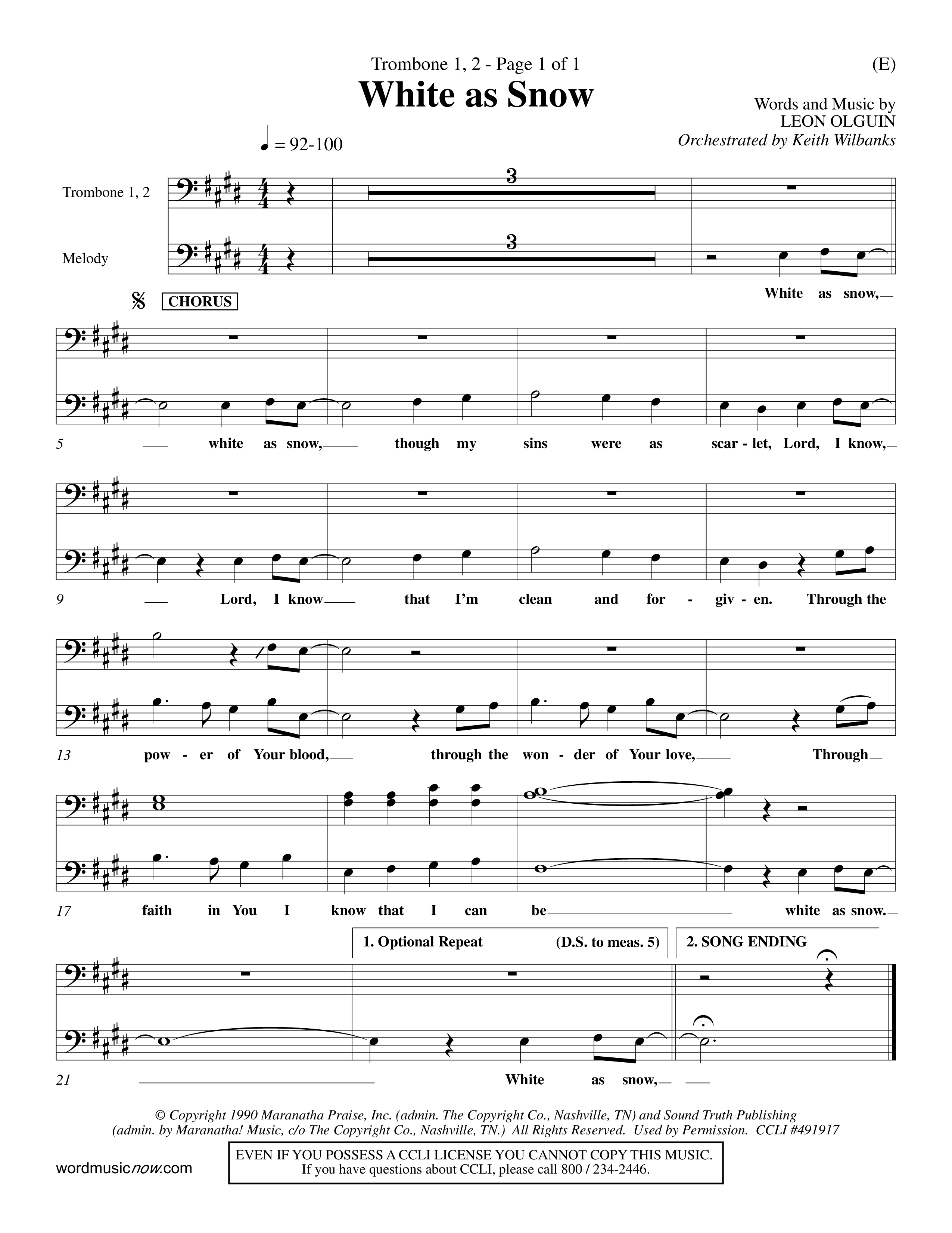 White As Snow (Choral Anthem SATB) Trombone 1/2 (Word Music Choral / Orch. Keith Wilbanks)