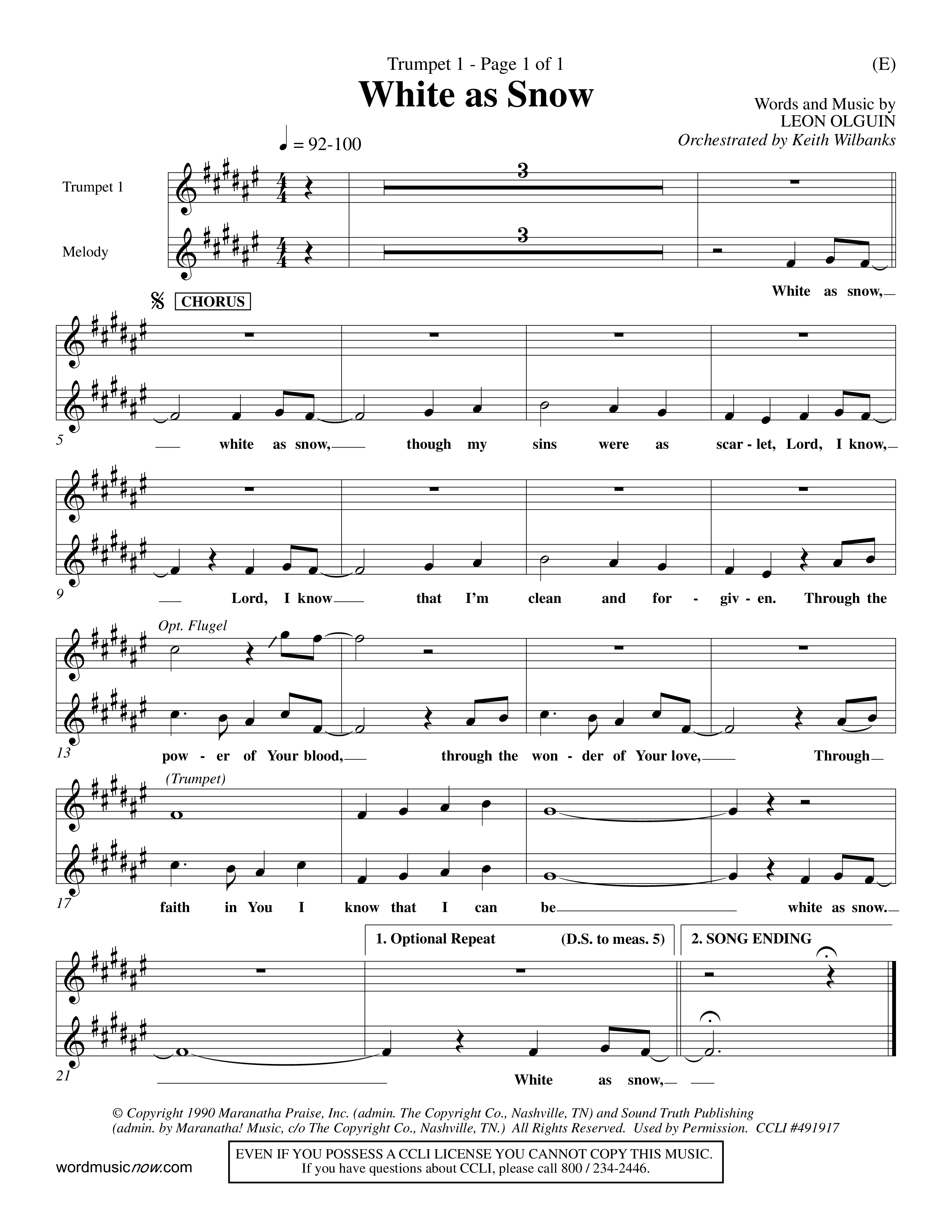 White As Snow (Choral Anthem SATB) Trumpet 1 (Word Music Choral / Orch. Keith Wilbanks)