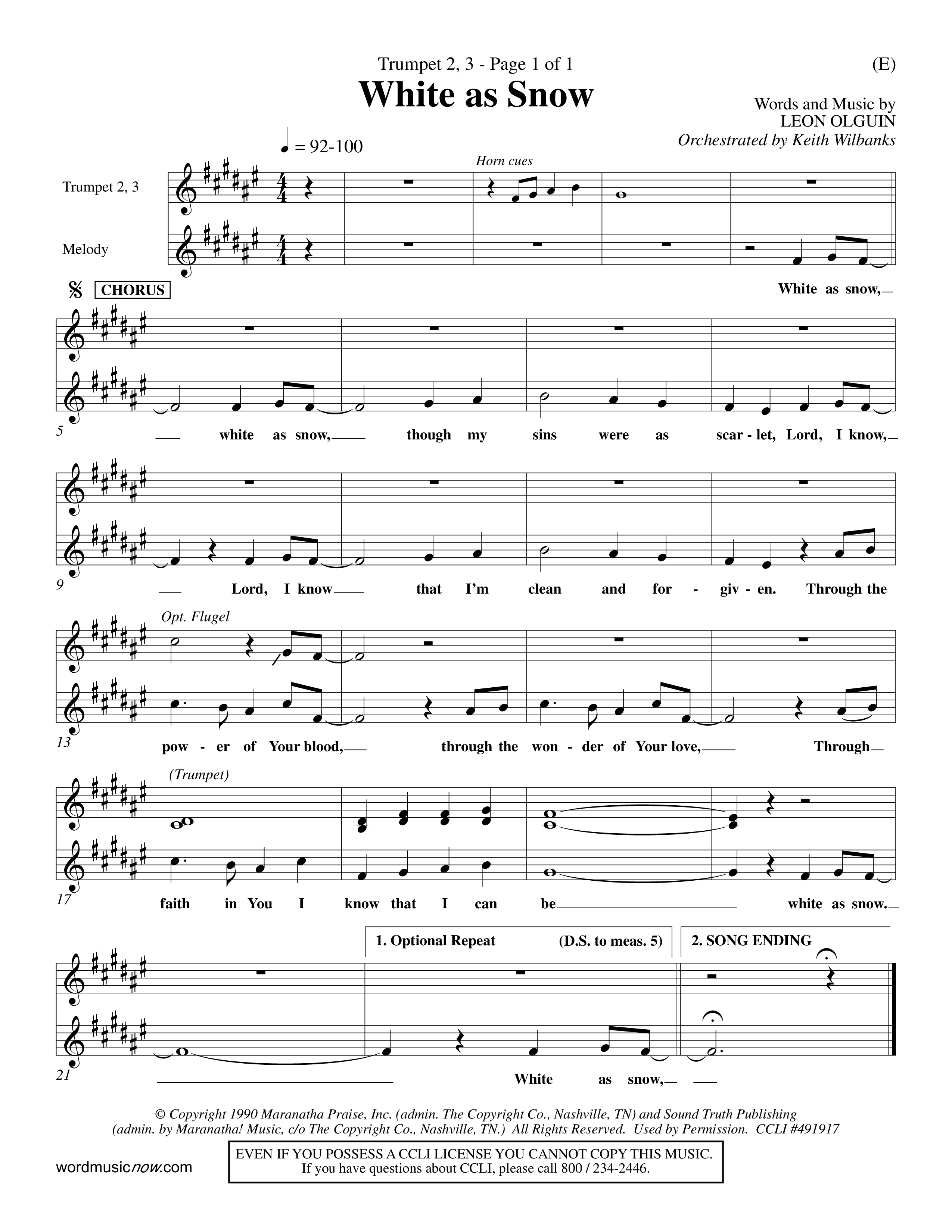 White As Snow (Choral Anthem SATB) Trumpet 2/3 (Word Music Choral / Orch. Keith Wilbanks)