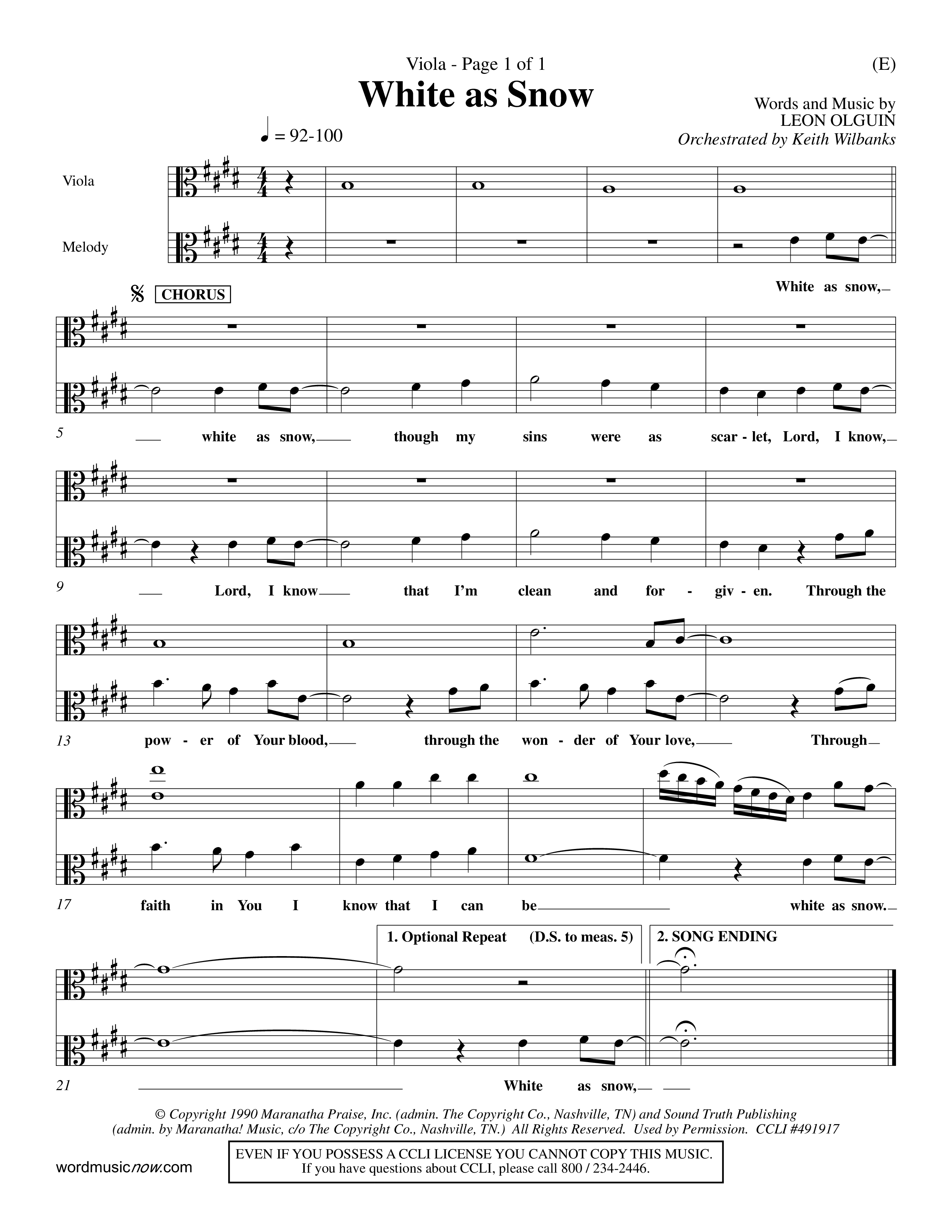 White As Snow (Choral Anthem SATB) Viola (Word Music Choral / Orch. Keith Wilbanks)