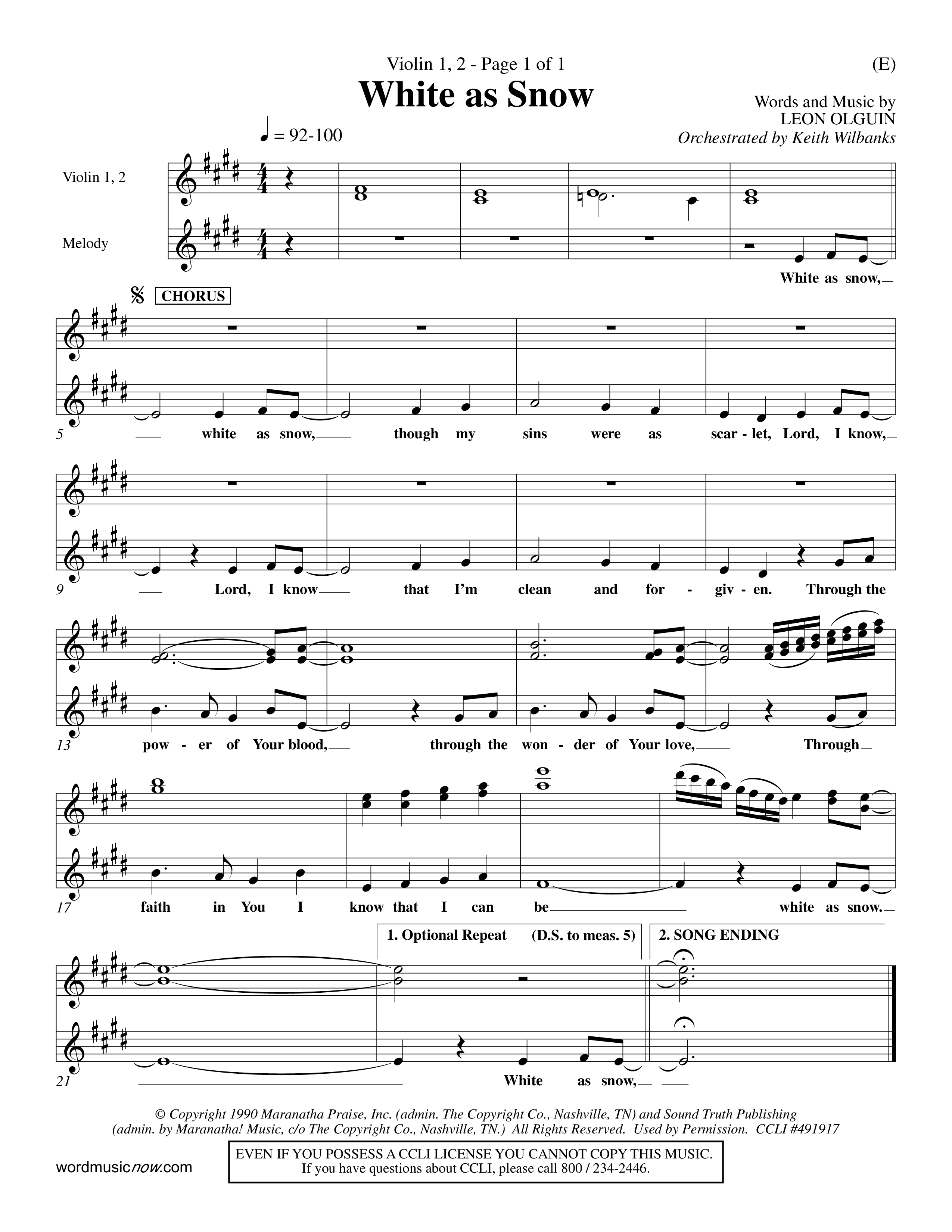 White As Snow (Choral Anthem SATB) Violin 1/2 (Word Music Choral / Orch. Keith Wilbanks)