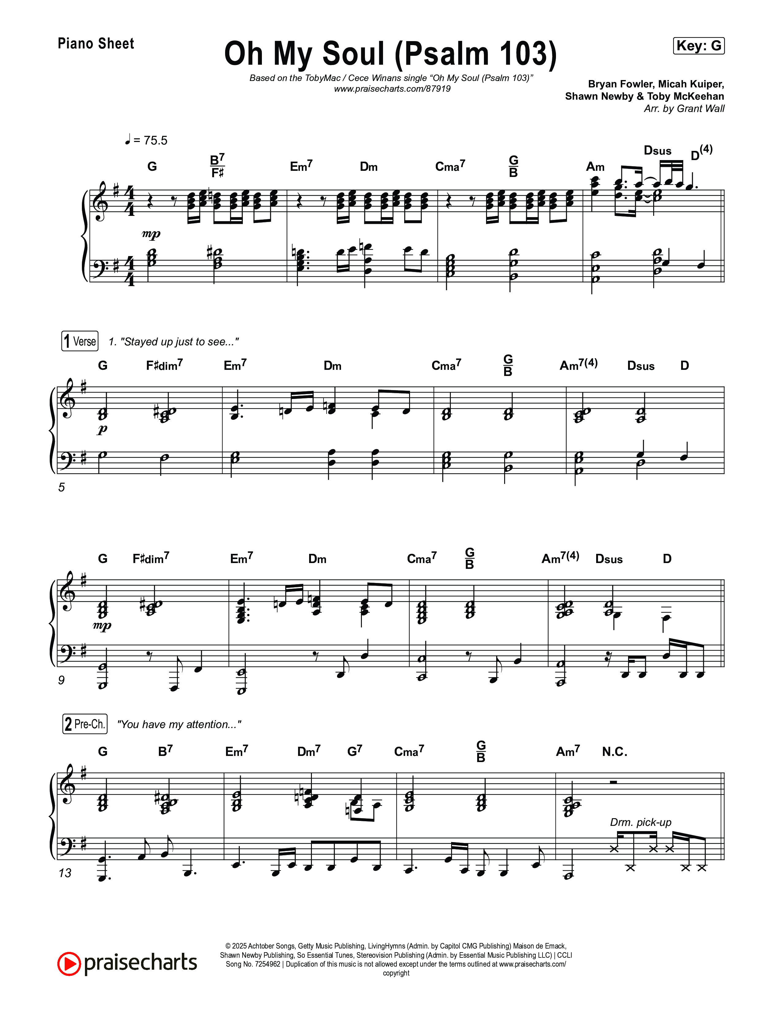 Oh My Soul (Psalm 103) Piano Sheet (TobyMac / CeCe Winans)