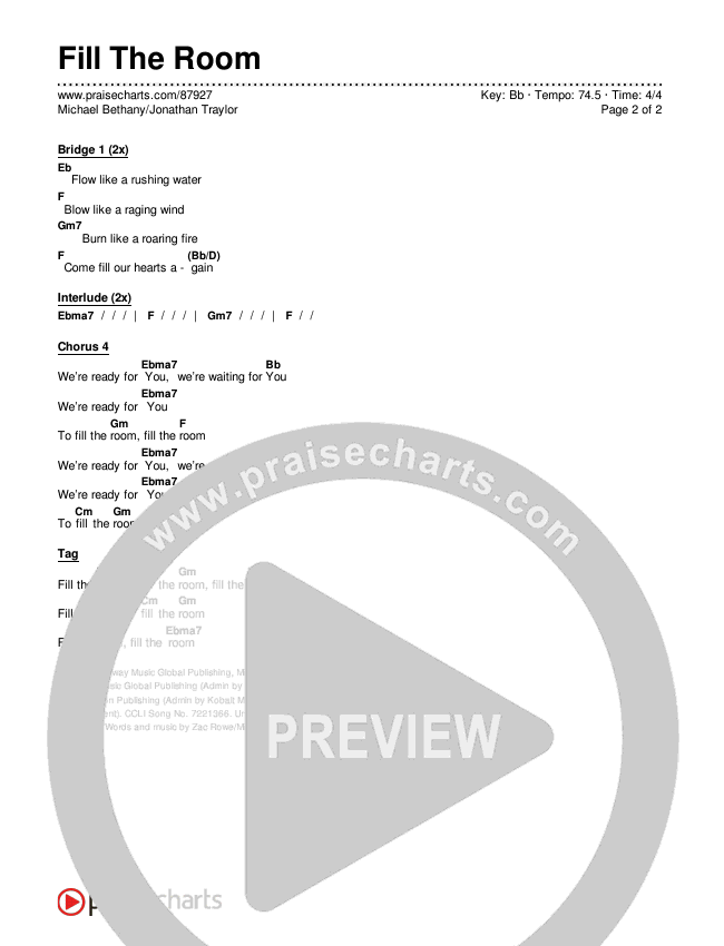 Fill The Room Chords & Lyrics (Michael Bethany / Jonathan Traylor)