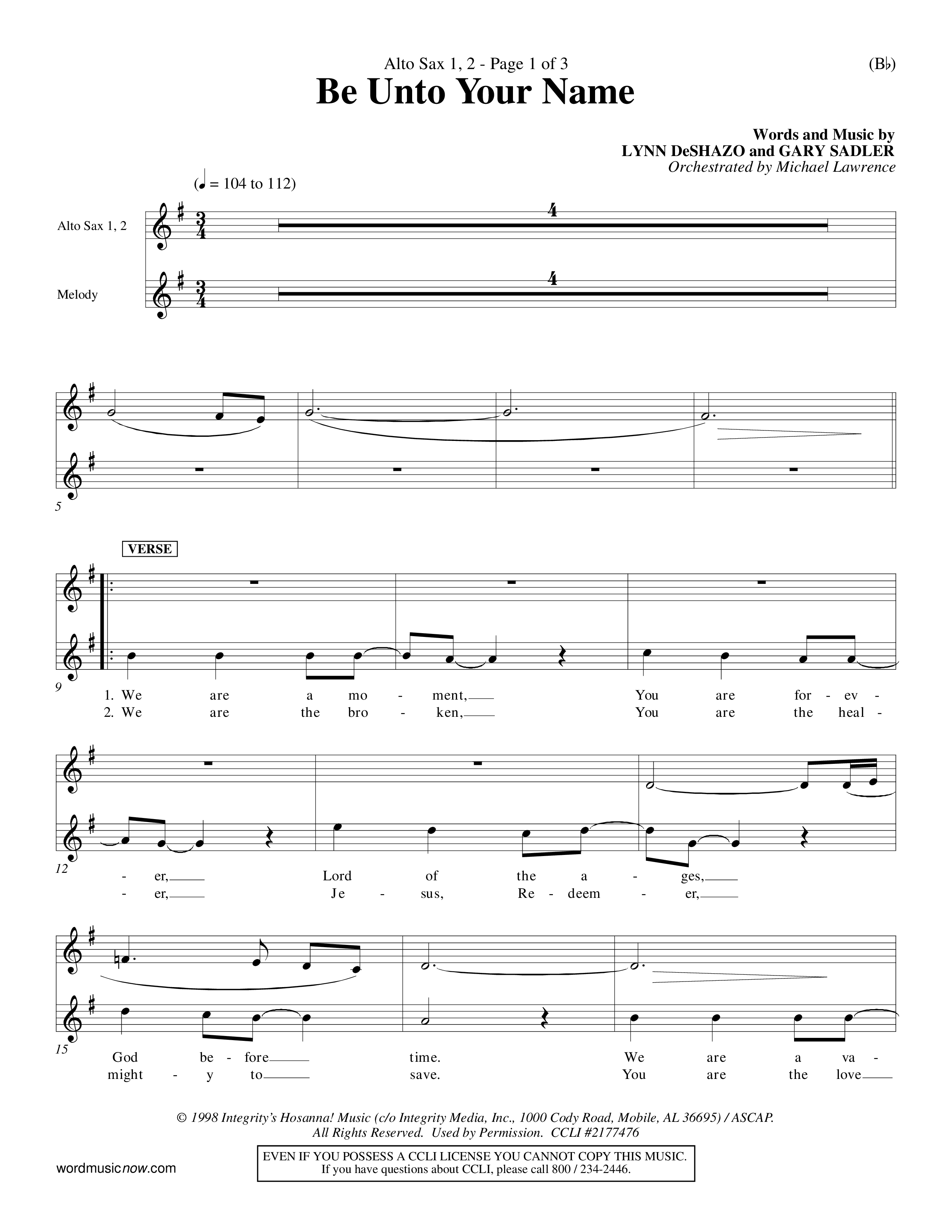 Be Unto Your Name (Choral Anthem SATB) Alto Sax 1/2 (Word Music Choral / Orch. Michael Lawrence)
