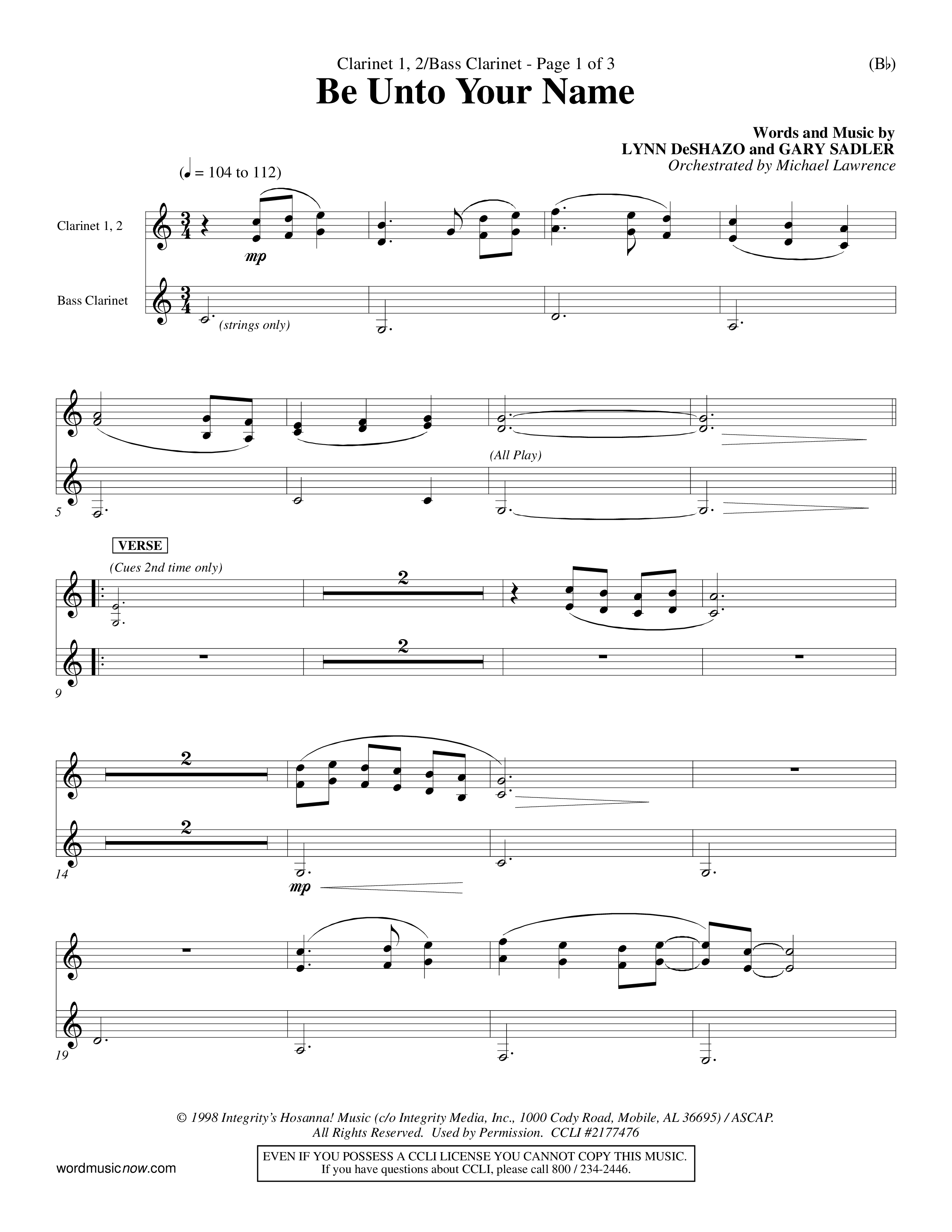 Be Unto Your Name (Choral Anthem SATB) Clarinet 1/2, Bass Clarinet (Word Music Choral / Orch. Michael Lawrence)