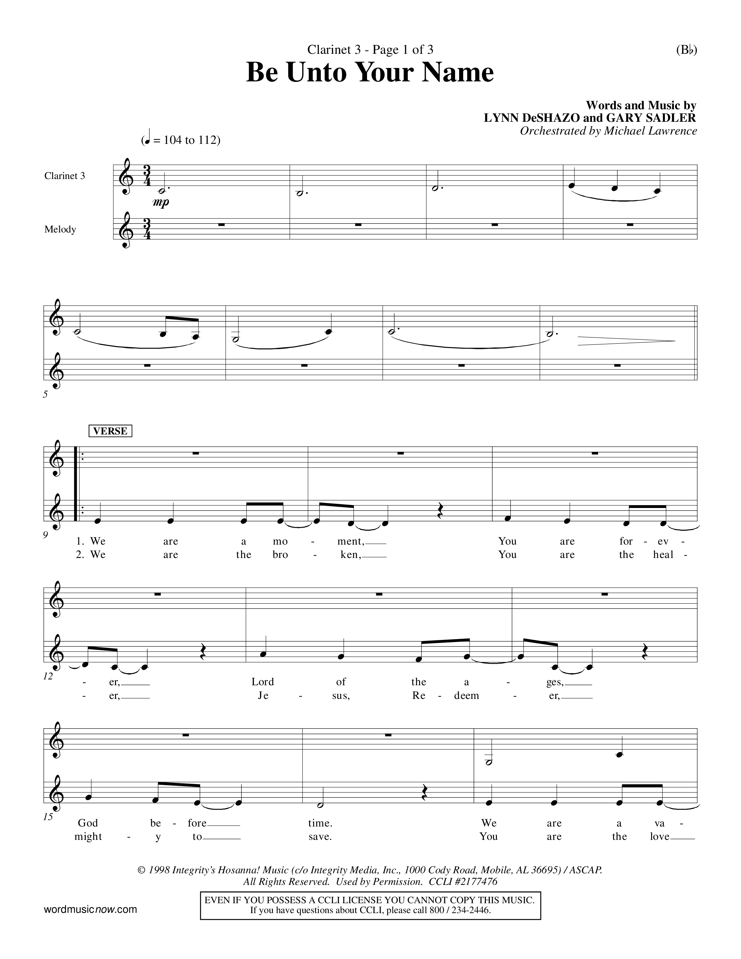 Be Unto Your Name (Choral Anthem SATB) Clarinet 3 (Word Music Choral / Orch. Michael Lawrence)