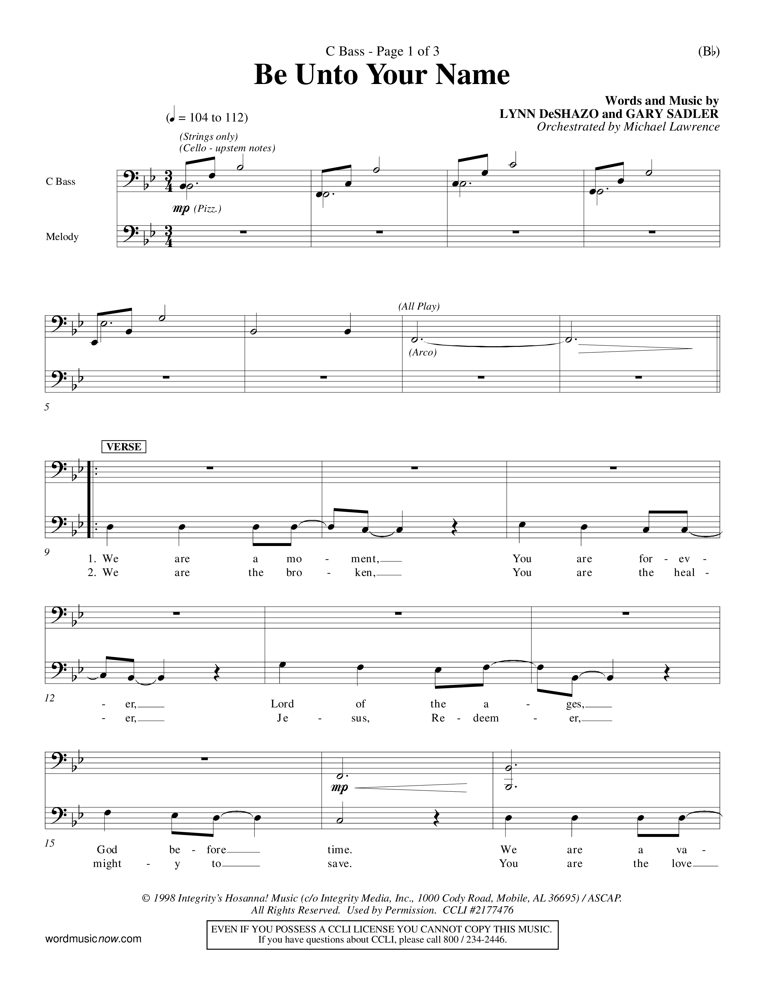 Be Unto Your Name (Choral Anthem SATB) Contrabass (Word Music Choral / Orch. Michael Lawrence)