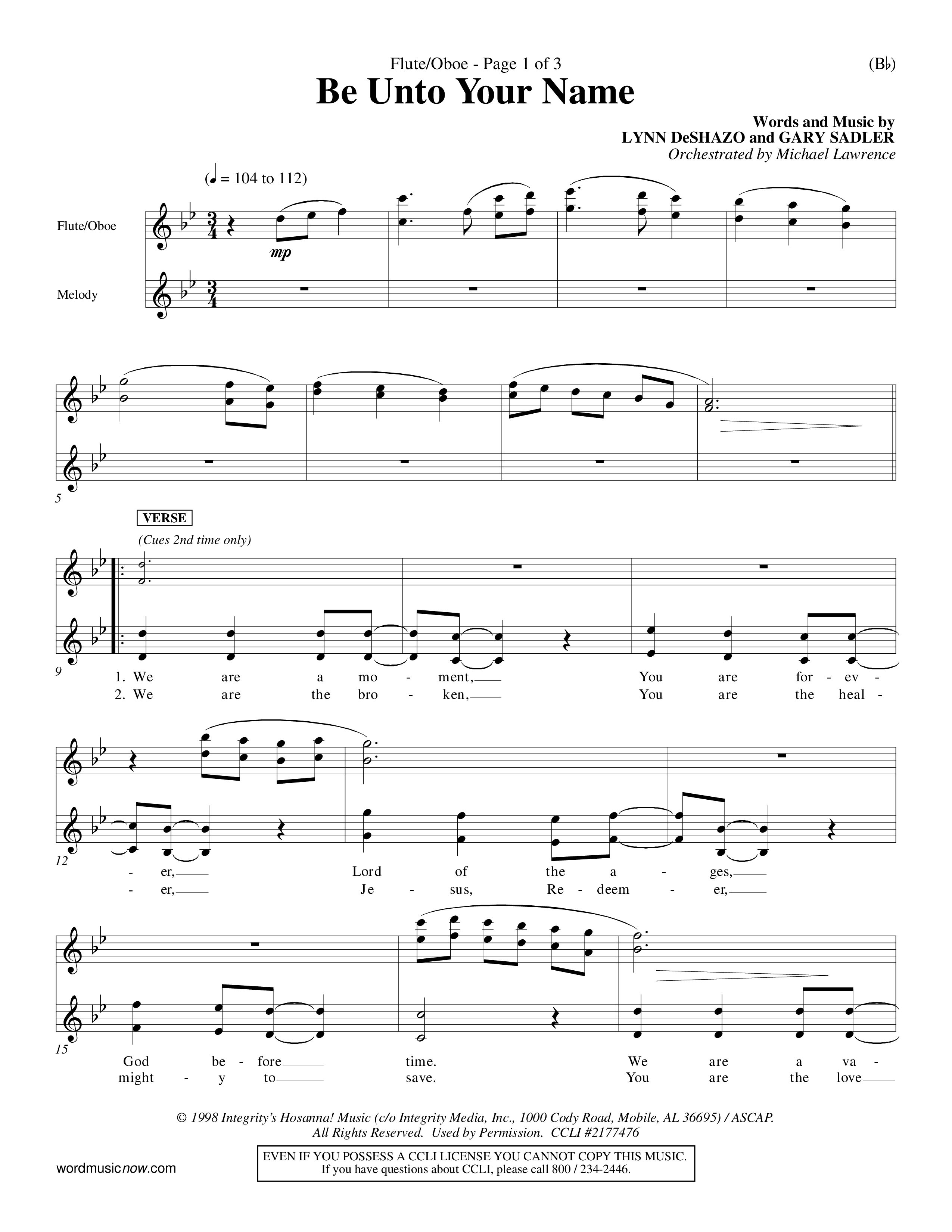 Be Unto Your Name (Choral Anthem SATB) Flute/Oboe (Word Music Choral / Orch. Michael Lawrence)