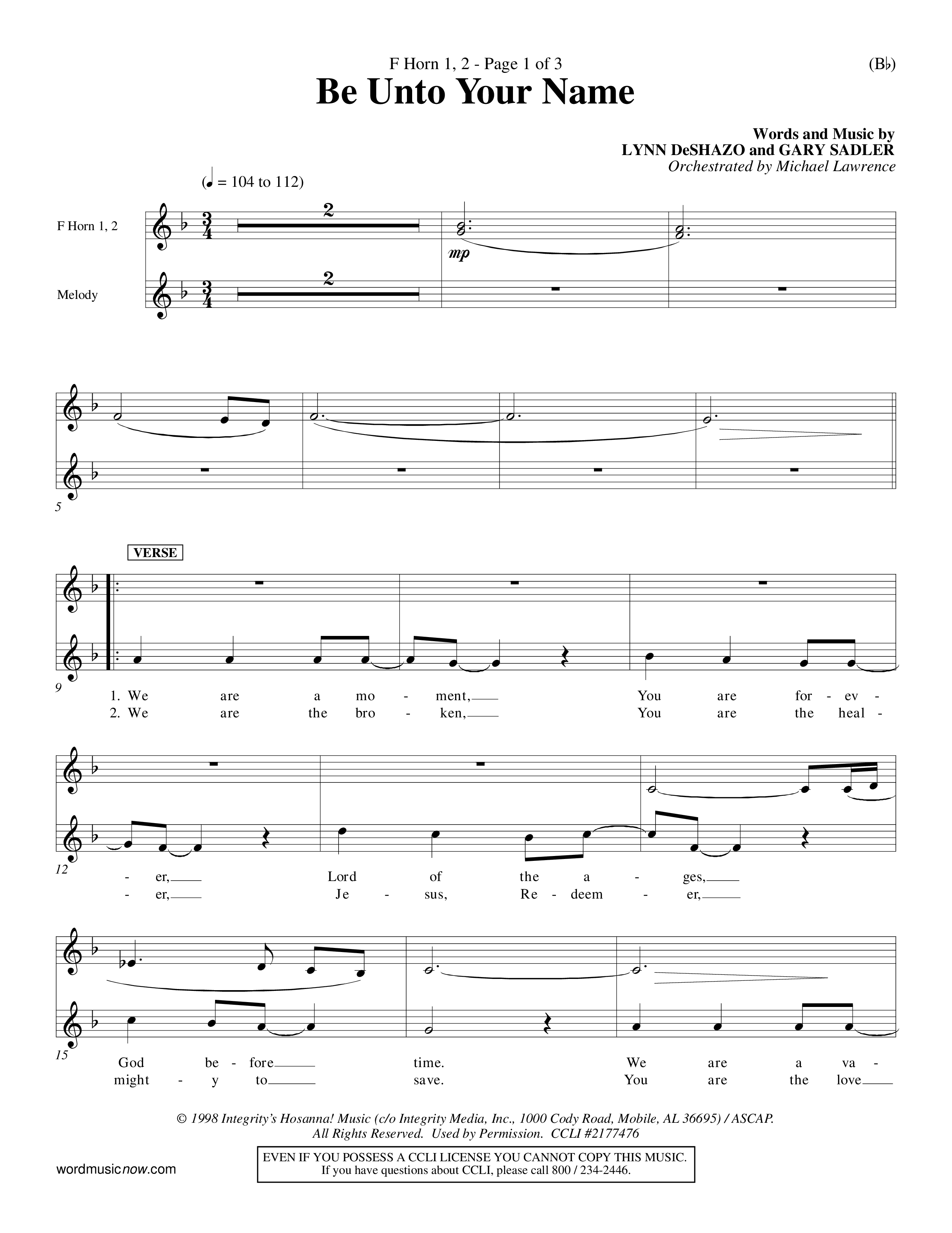 Be Unto Your Name (Choral Anthem SATB) French Horn (Word Music Choral / Orch. Michael Lawrence)