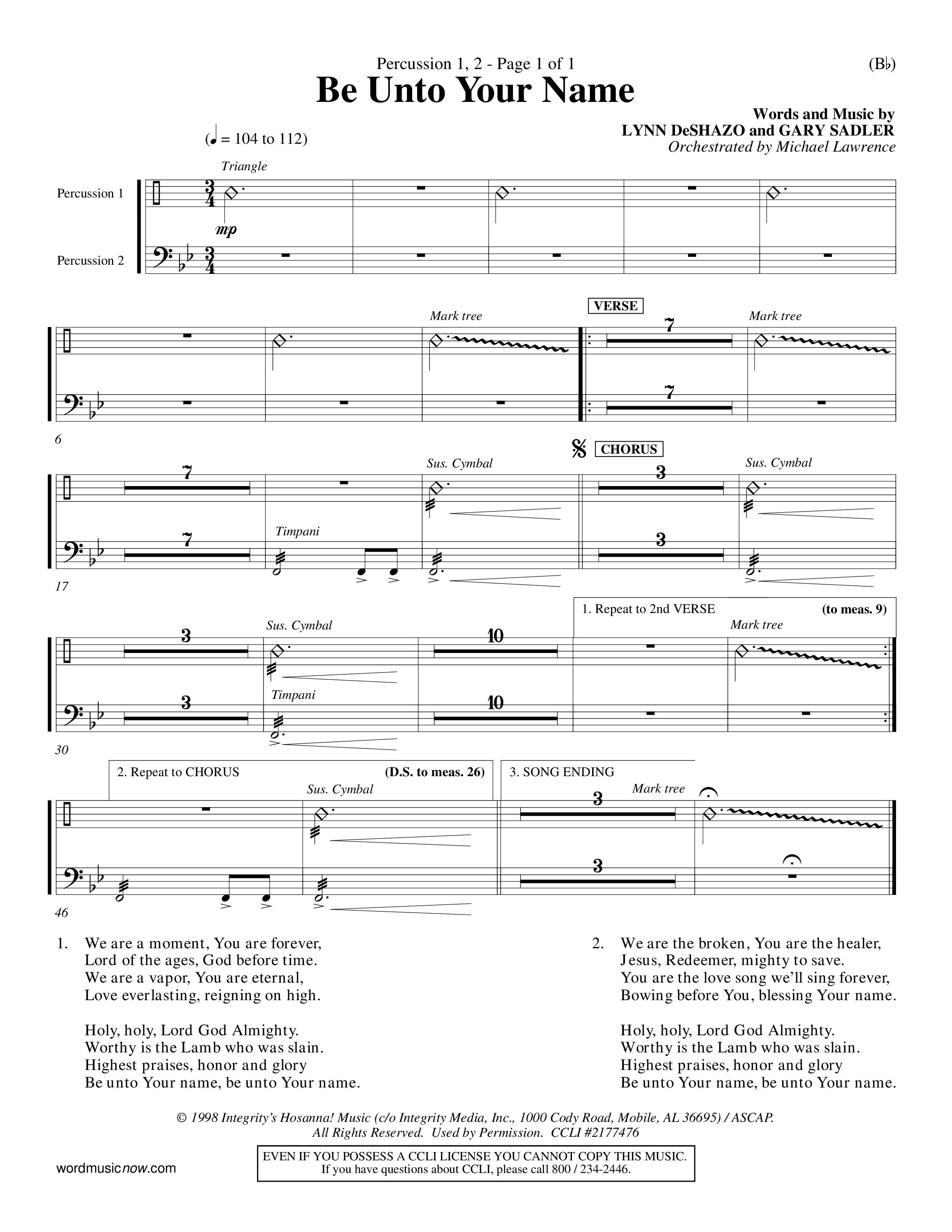 Be Unto Your Name (Choral Anthem SATB) Percussion 1/2 (Word Music Choral / Orch. Michael Lawrence)