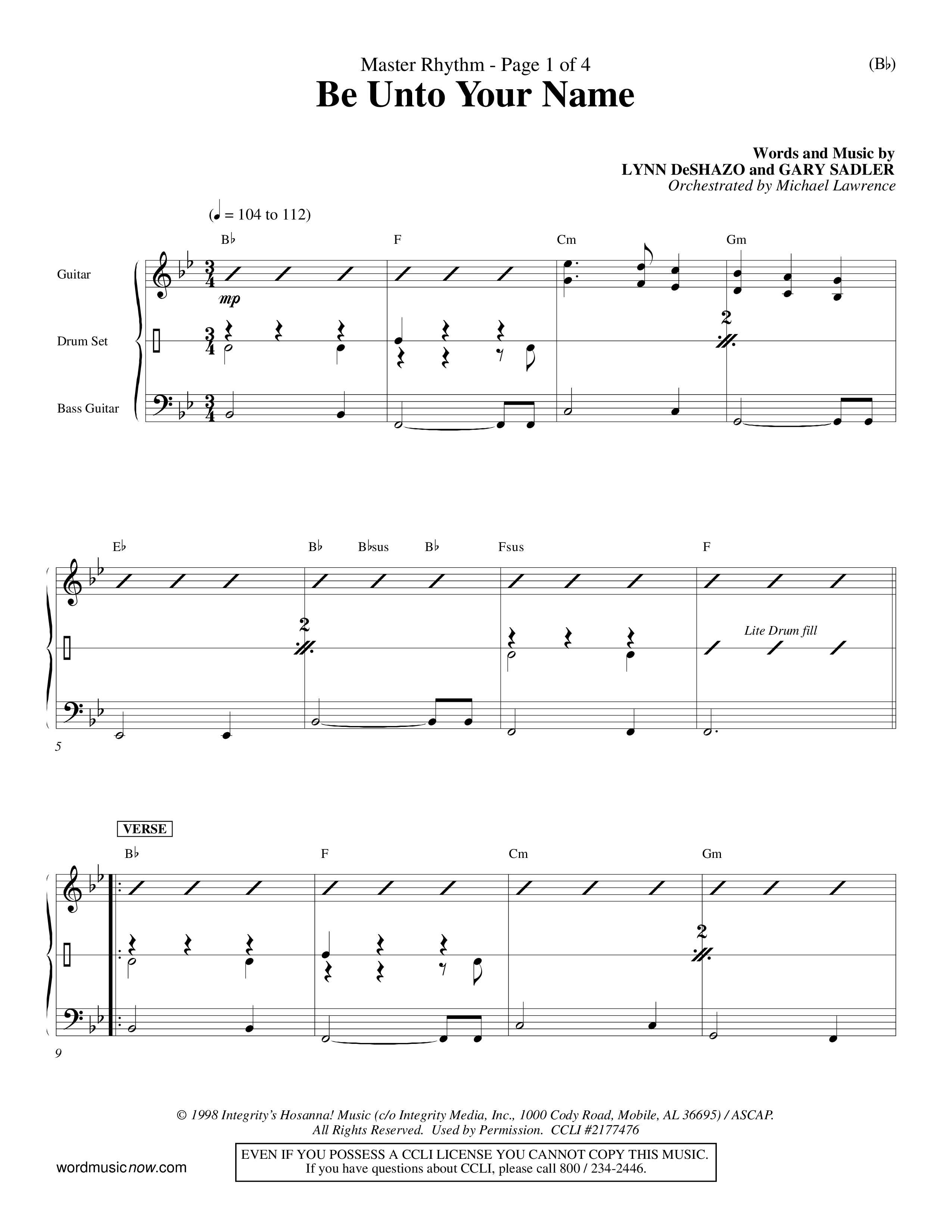 Be Unto Your Name (Choral Anthem SATB) Rhythm Chart (Word Music Choral / Orch. Michael Lawrence)