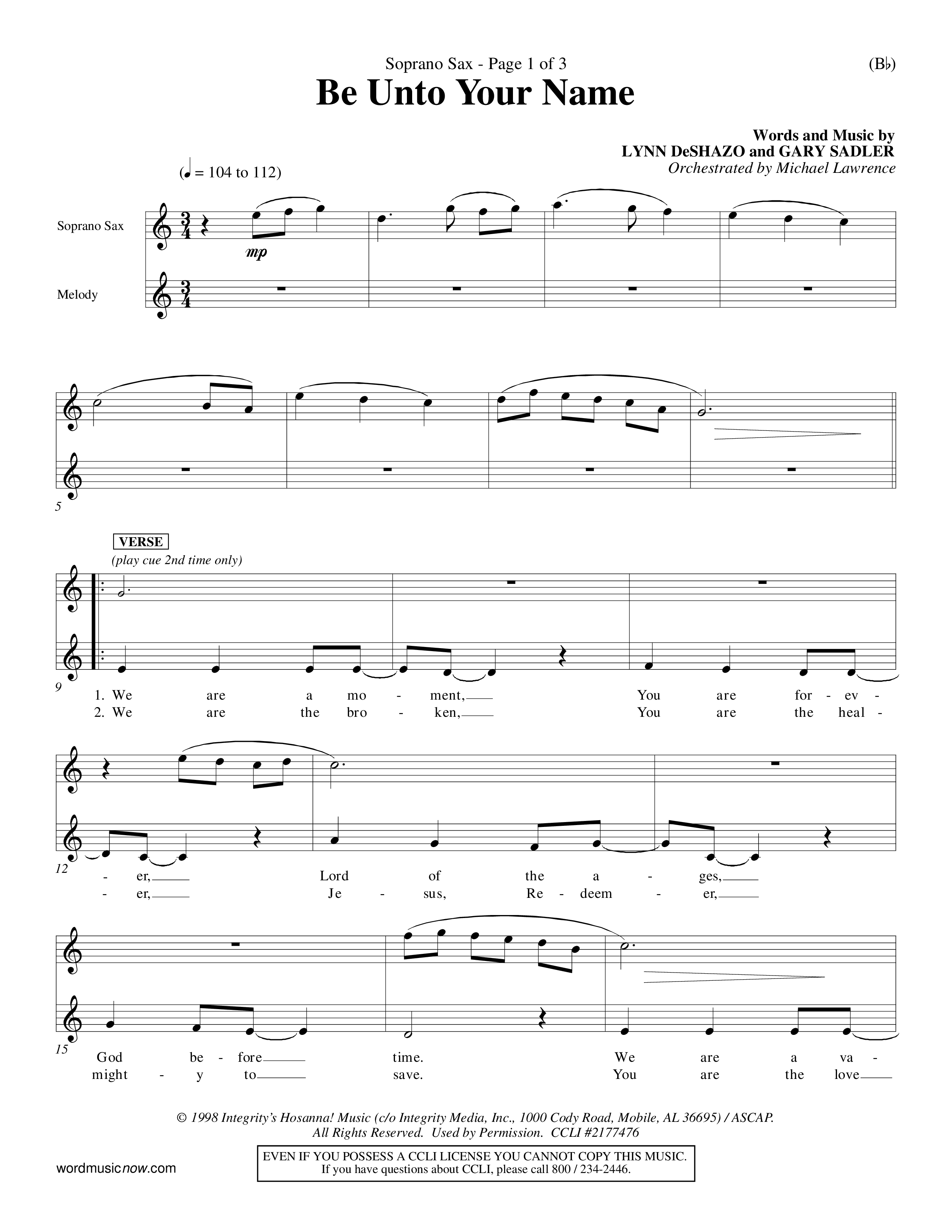 Be Unto Your Name (Choral Anthem SATB) Saxophone (Word Music Choral / Orch. Michael Lawrence)