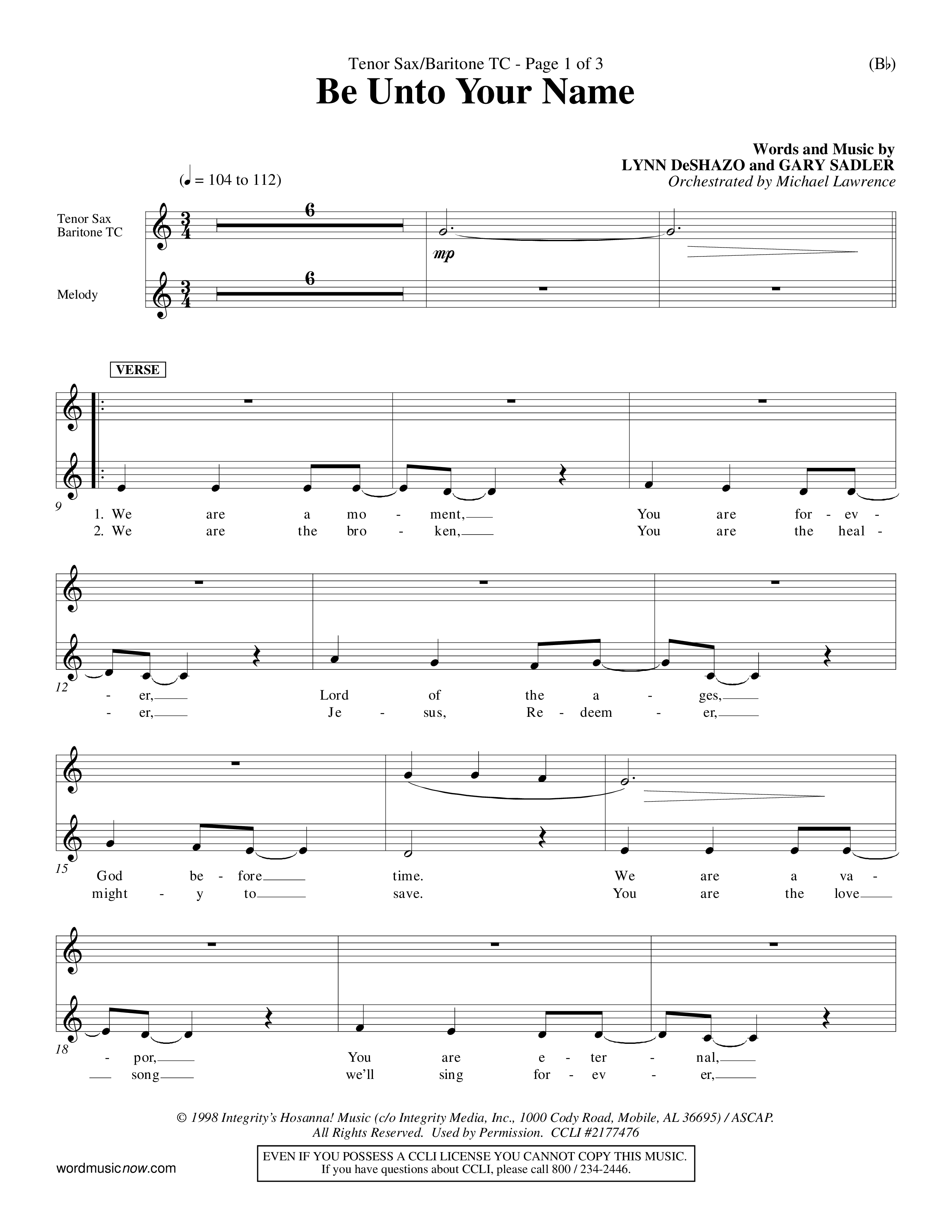 Be Unto Your Name (Choral Anthem SATB) Tenor Sax/Baritone T.C. (Word Music Choral / Orch. Michael Lawrence)