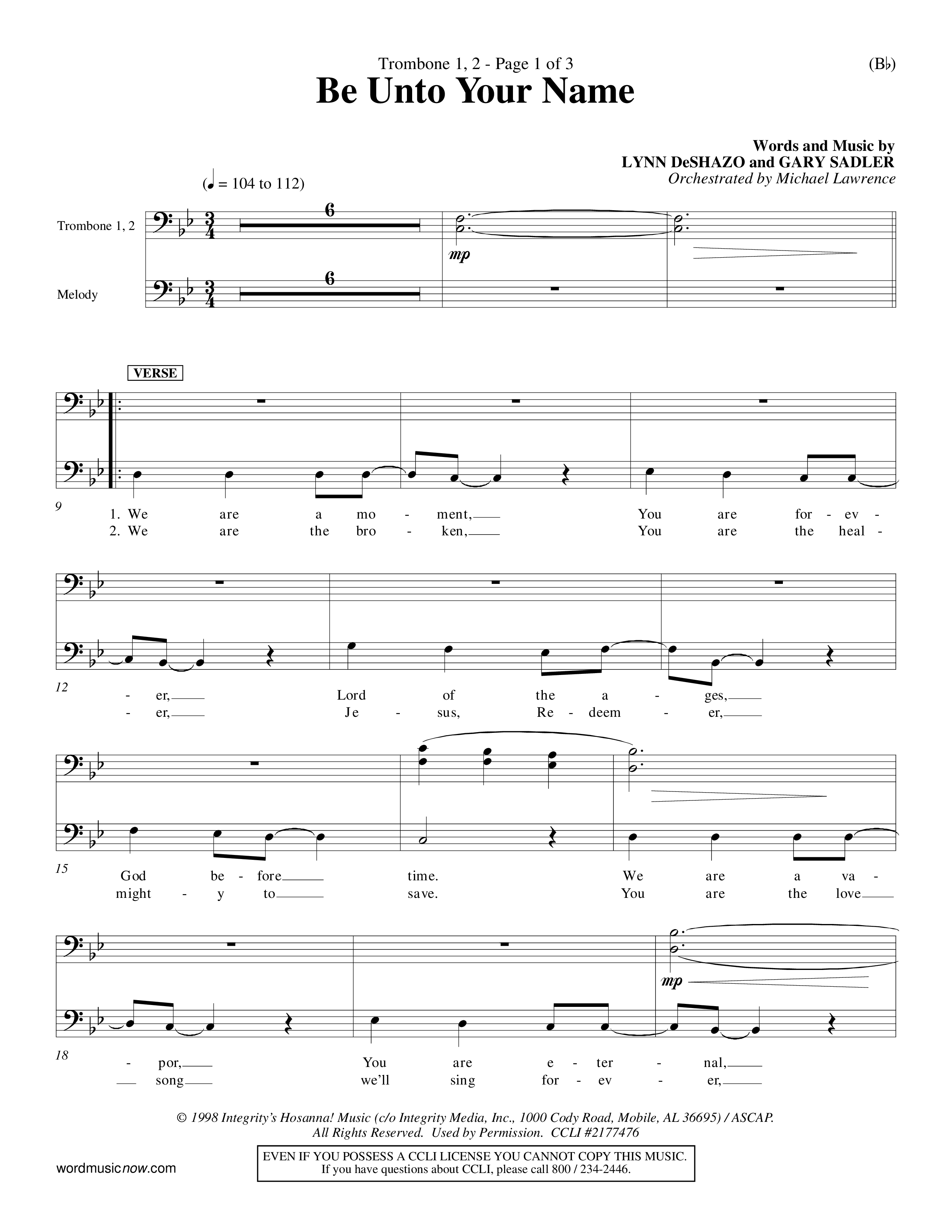 Be Unto Your Name (Choral Anthem SATB) Trombone 1/2 (Word Music Choral / Orch. Michael Lawrence)