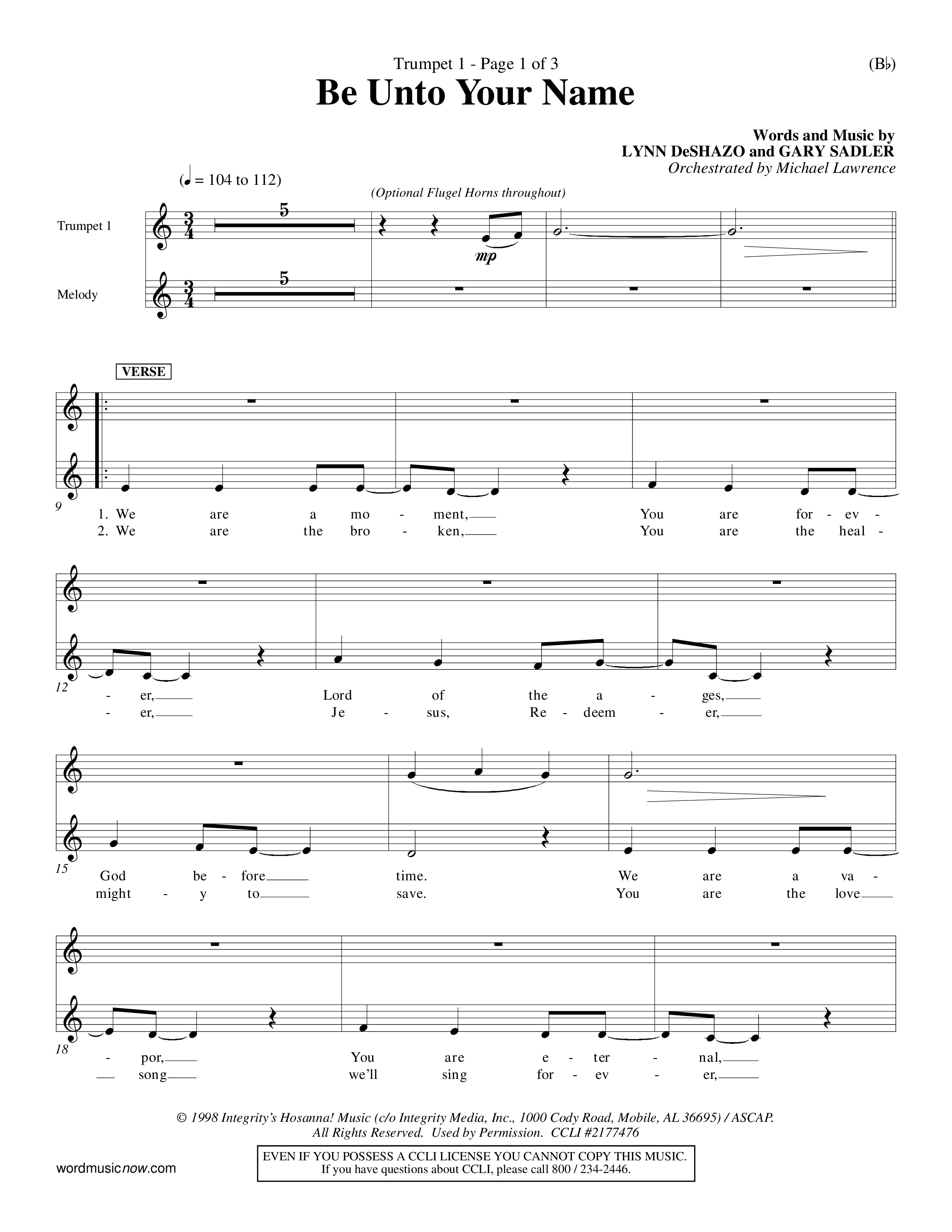 Be Unto Your Name (Choral Anthem SATB) Trumpet 1 (Word Music Choral / Orch. Michael Lawrence)