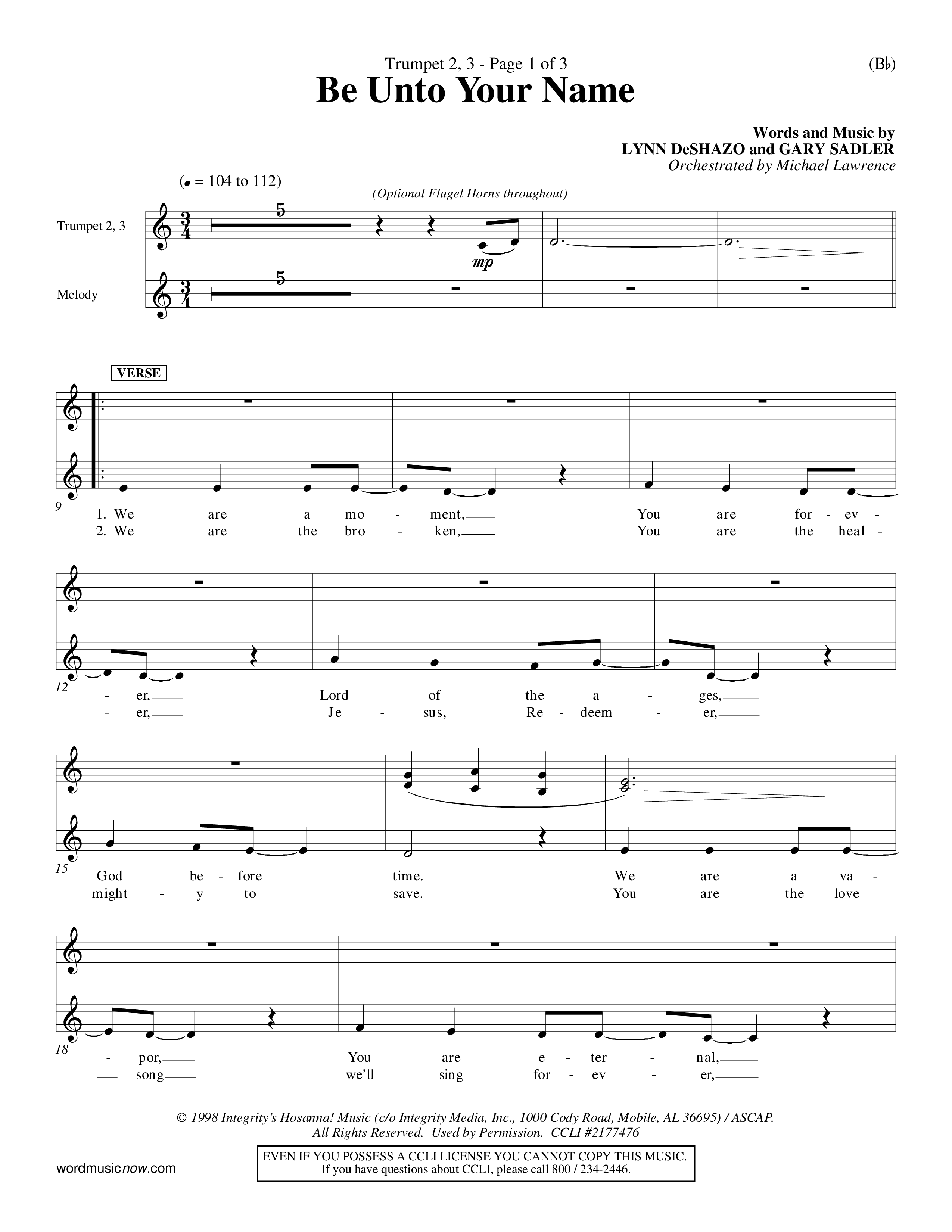 Be Unto Your Name (Choral Anthem SATB) Trumpet 2/3 (Word Music Choral / Orch. Michael Lawrence)