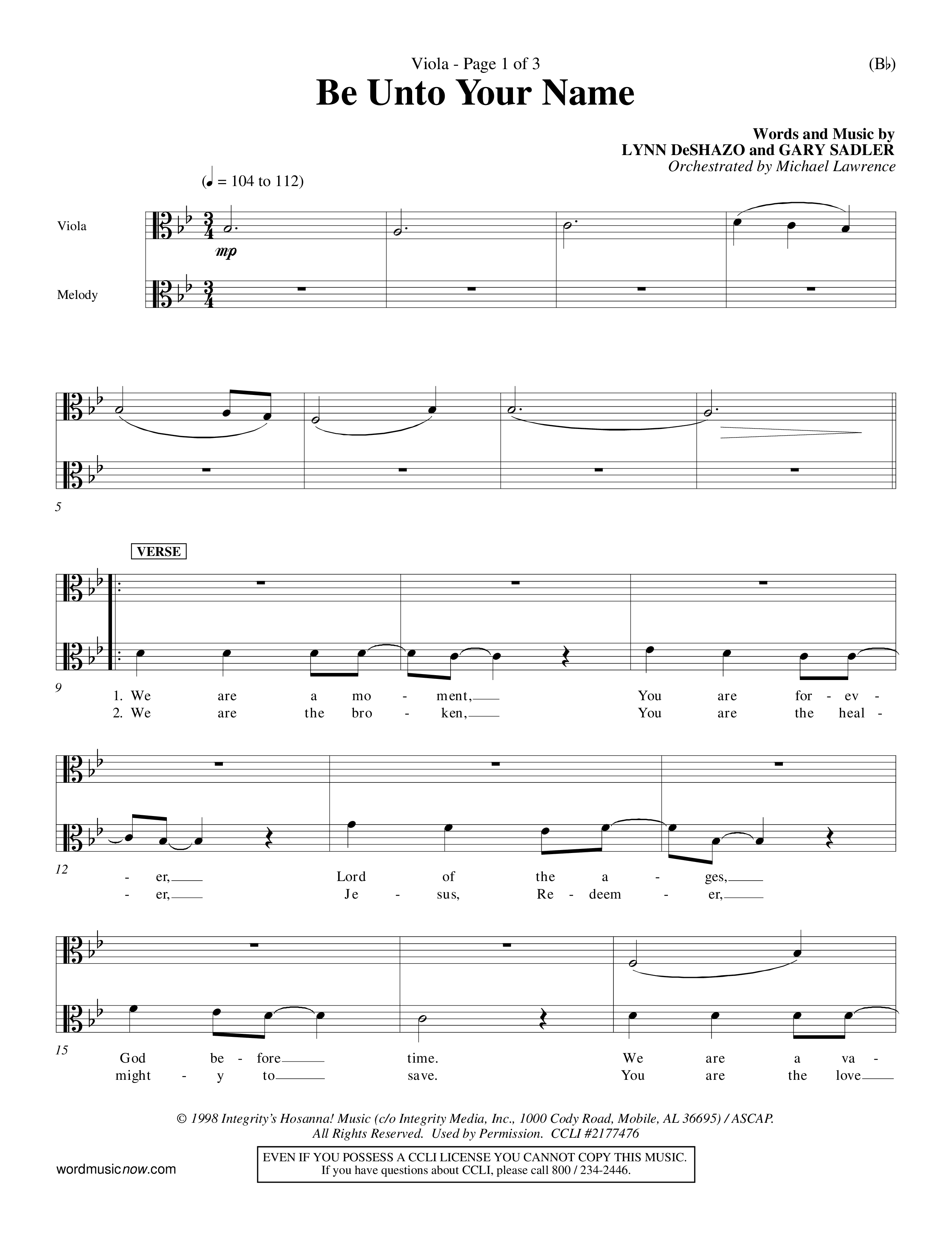 Be Unto Your Name (Choral Anthem SATB) Viola (Word Music Choral / Orch. Michael Lawrence)