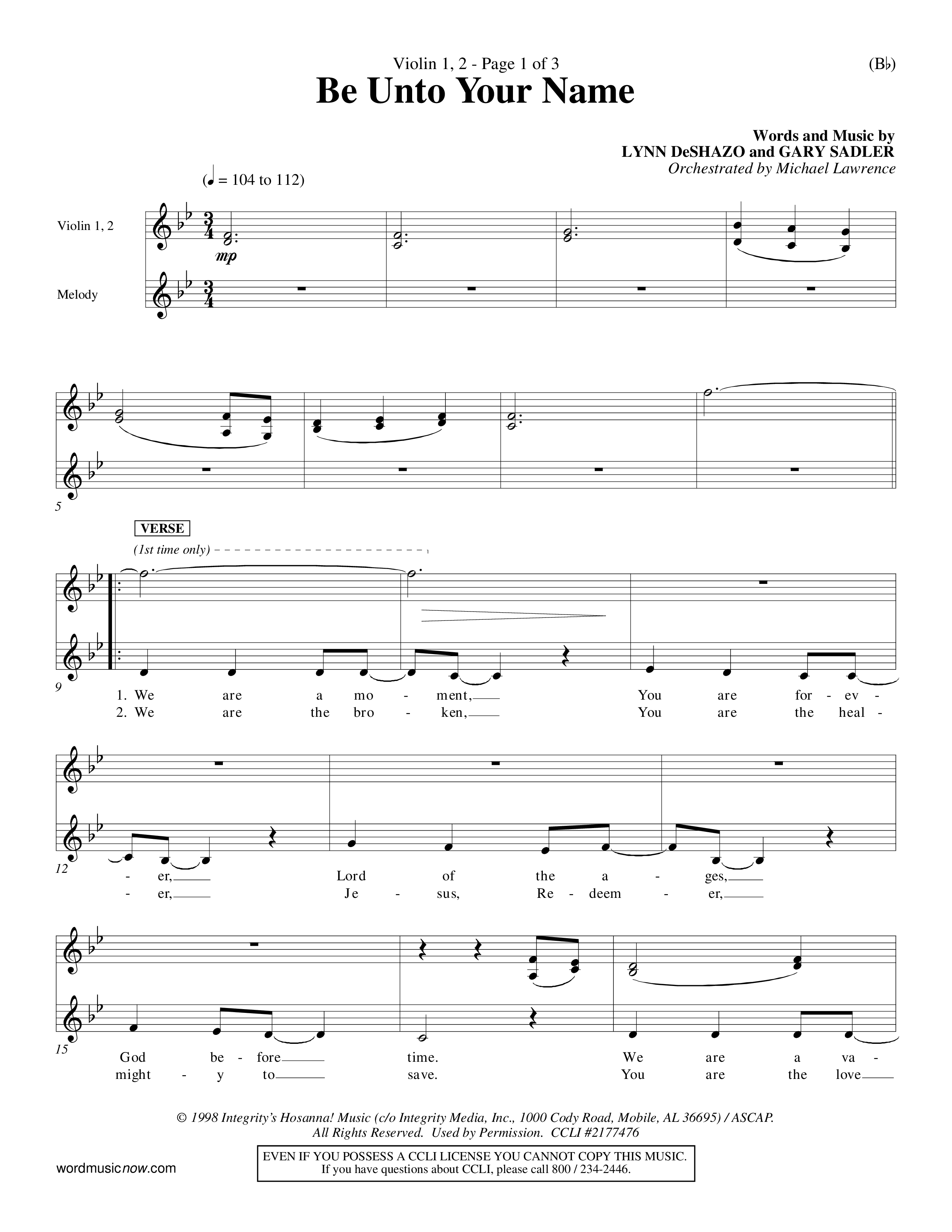 Be Unto Your Name (Choral Anthem SATB) Violin 1/2 (Word Music Choral / Orch. Michael Lawrence)