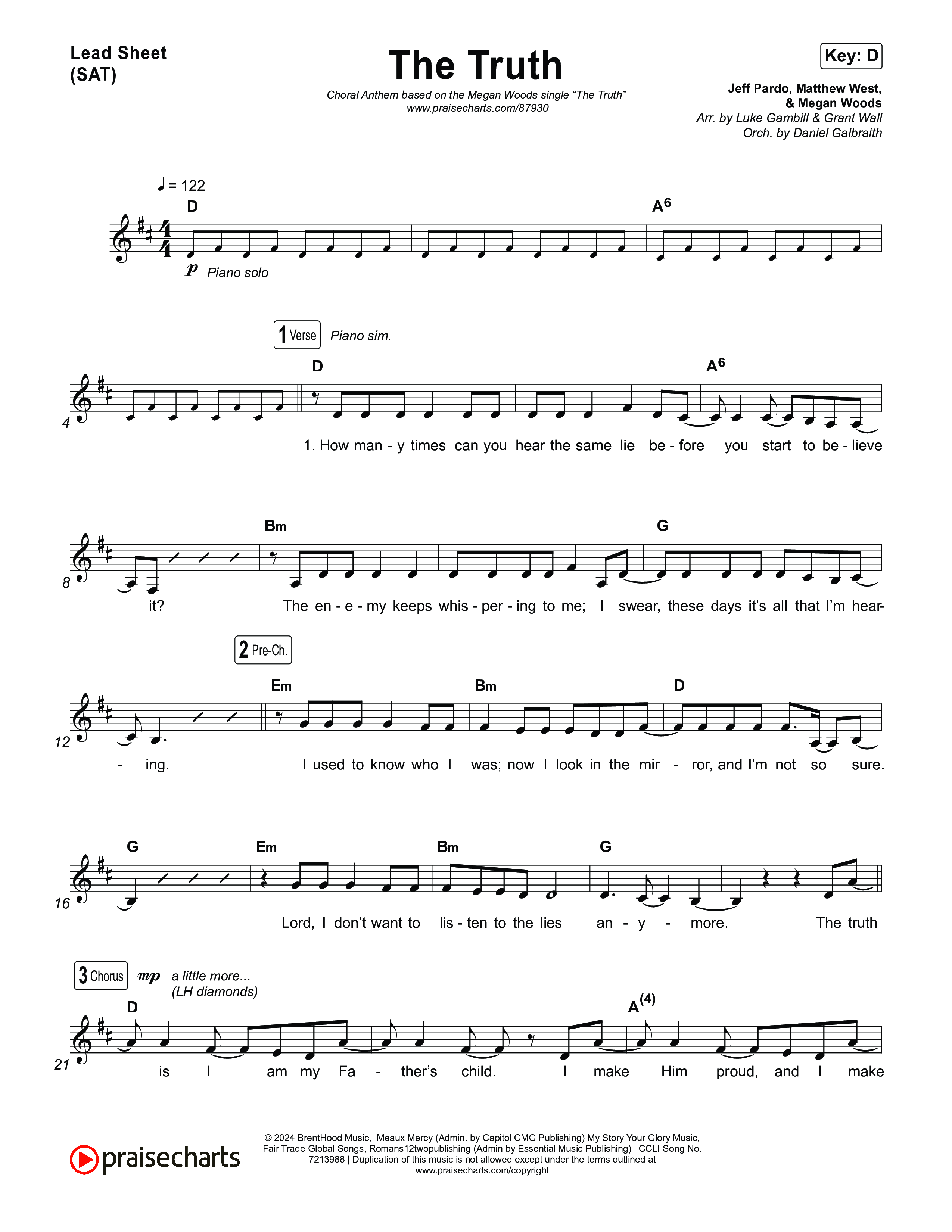 The Truth (Choral Anthem SATB) Lead Sheet (SAT) (Megan Woods / Arr. Luke Gambill)
