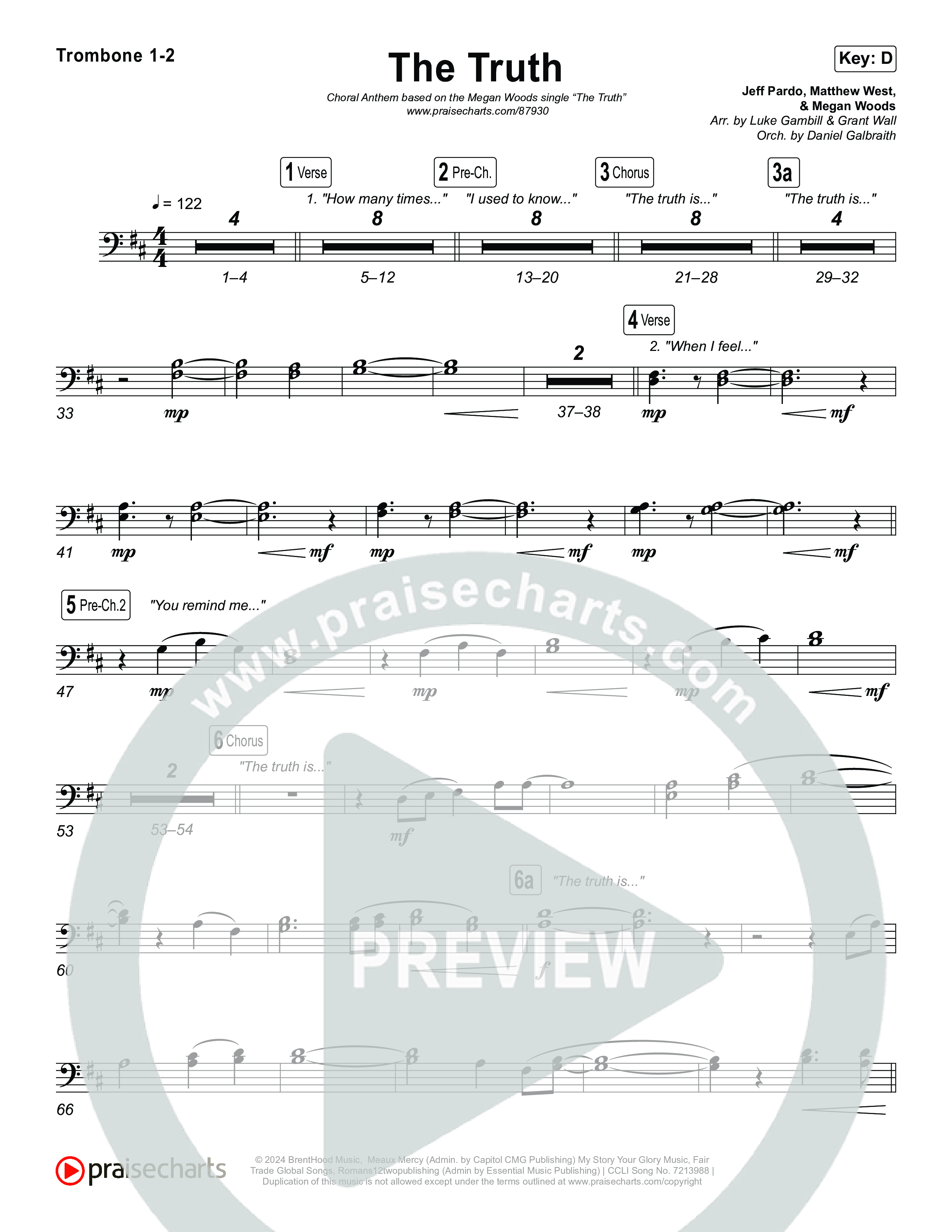 The Truth (Choral Anthem SATB) Trombone 1,2 (Megan Woods / Arr. Luke Gambill)