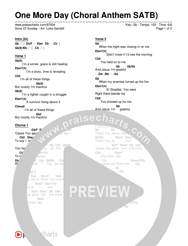 One More Day (Choral Anthem SATB) Chords & Lyrics (Sons Of Sunday / Arr. Luke Gambill)