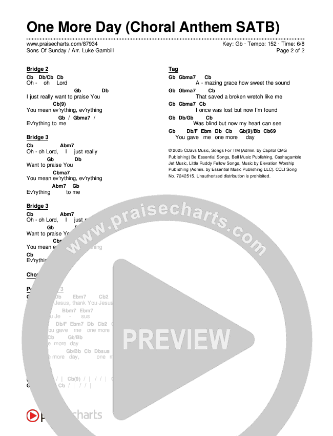 One More Day (Choral Anthem SATB) Chords & Lyrics (Sons Of Sunday / Arr. Luke Gambill)