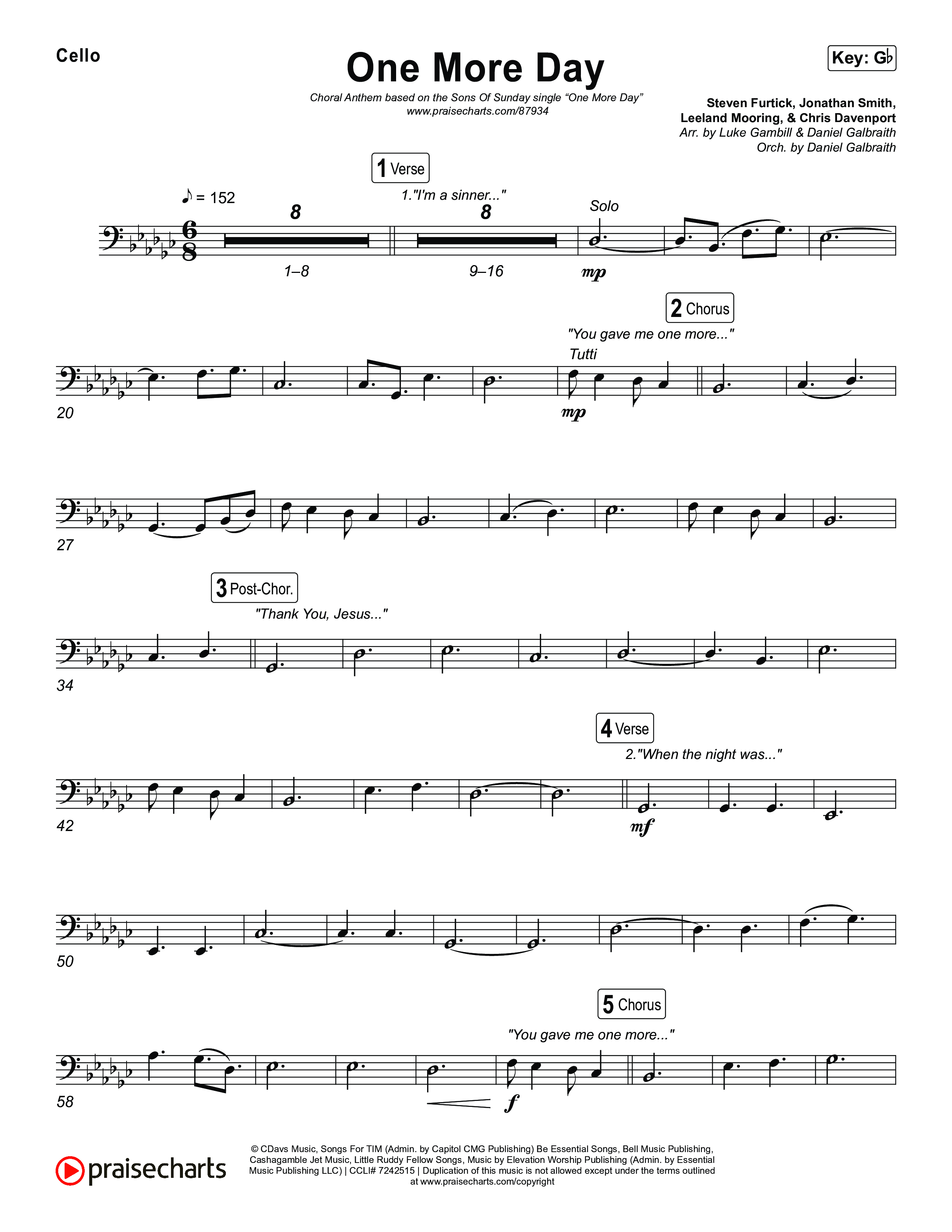 One More Day (Choral Anthem SATB) Cello (Sons Of Sunday / Arr. Luke Gambill)