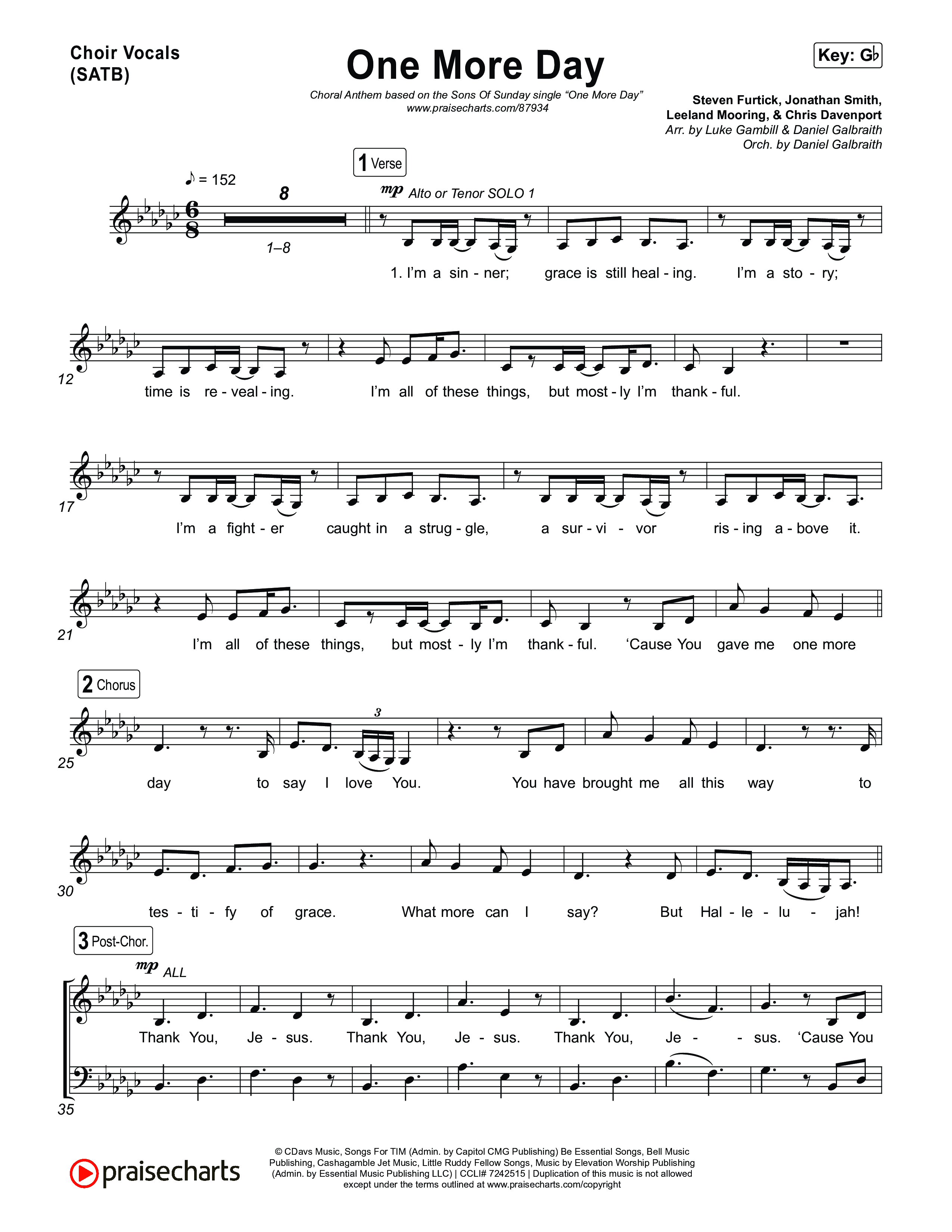 One More Day (Choral Anthem SATB) Choir Sheet (SATB) (Sons Of Sunday / Arr. Luke Gambill)