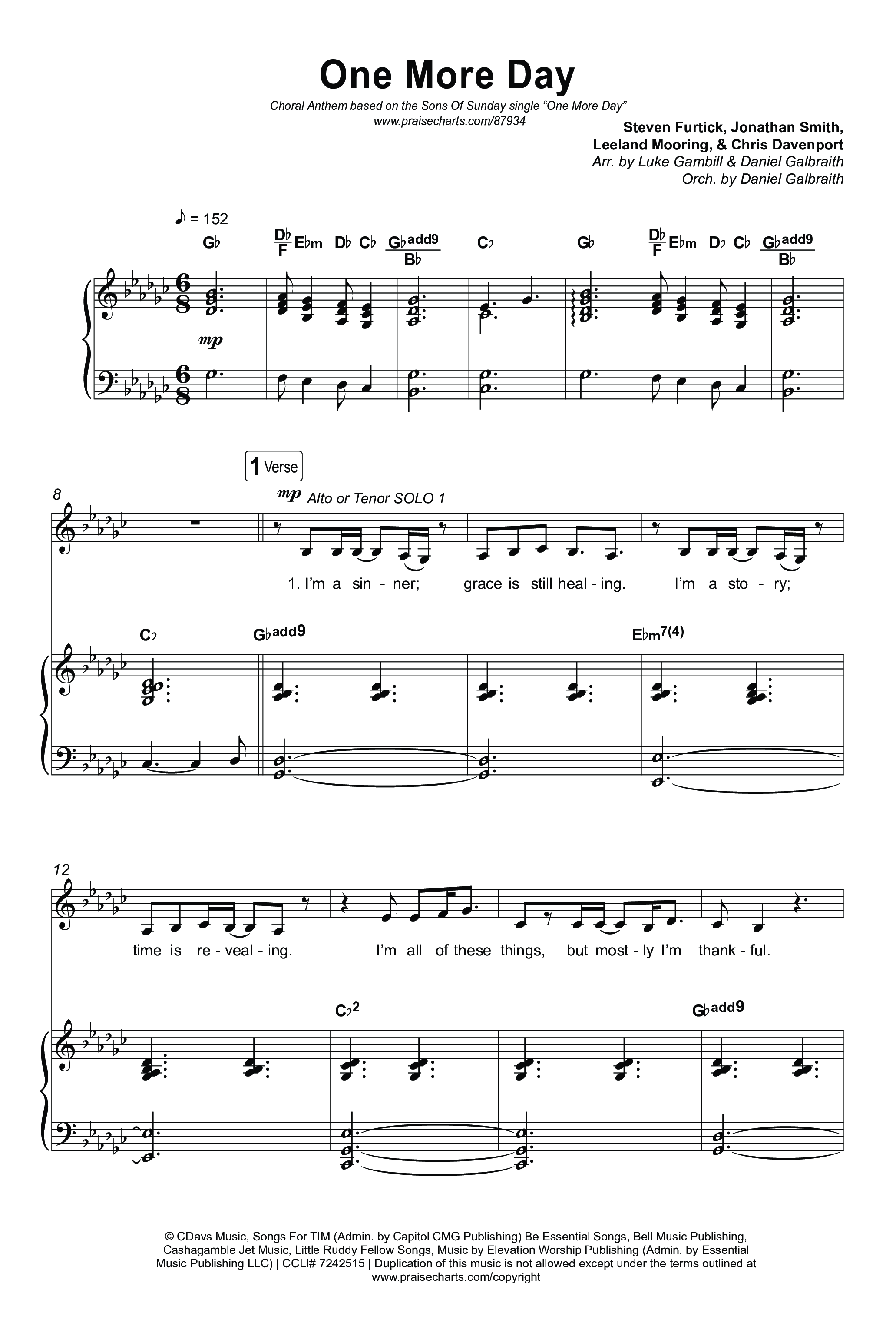 One More Day (Choral Anthem SATB) Octavo (SATB & Pno) (Sons Of Sunday / Arr. Luke Gambill)