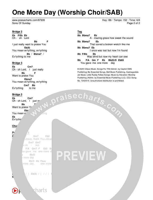 One More Day (Worship Choir/SAB) Chords & Lyrics (Sons Of Sunday)