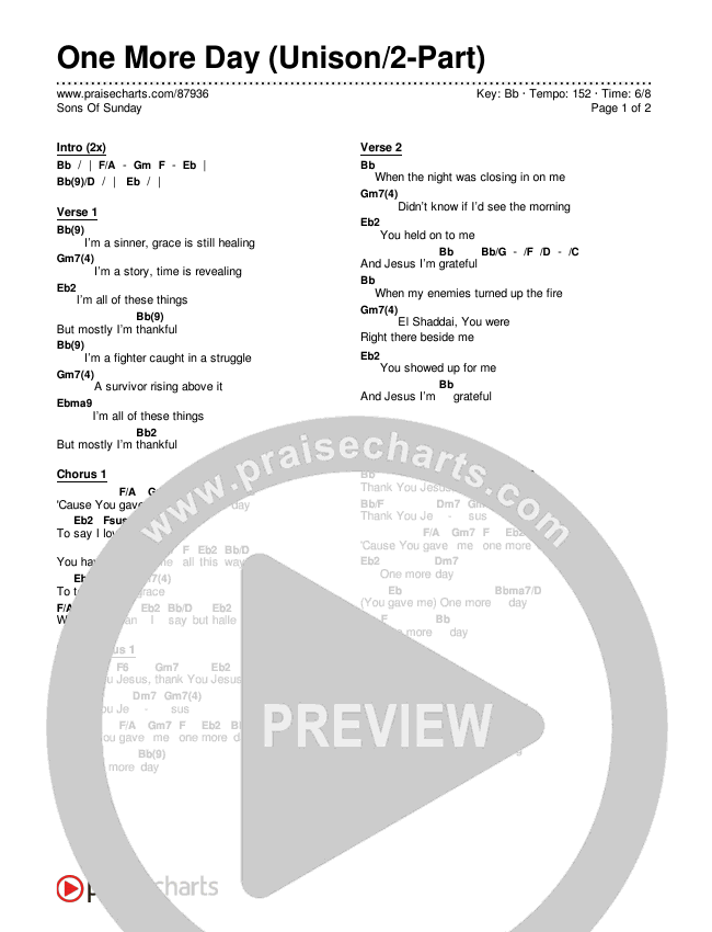 One More Day (Unison/2-Part) Chords & Lyrics (Sons Of Sunday)
