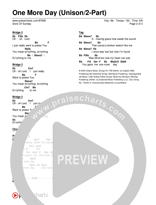 One More Day (Unison/2-Part) Chords & Lyrics (Sons Of Sunday)
