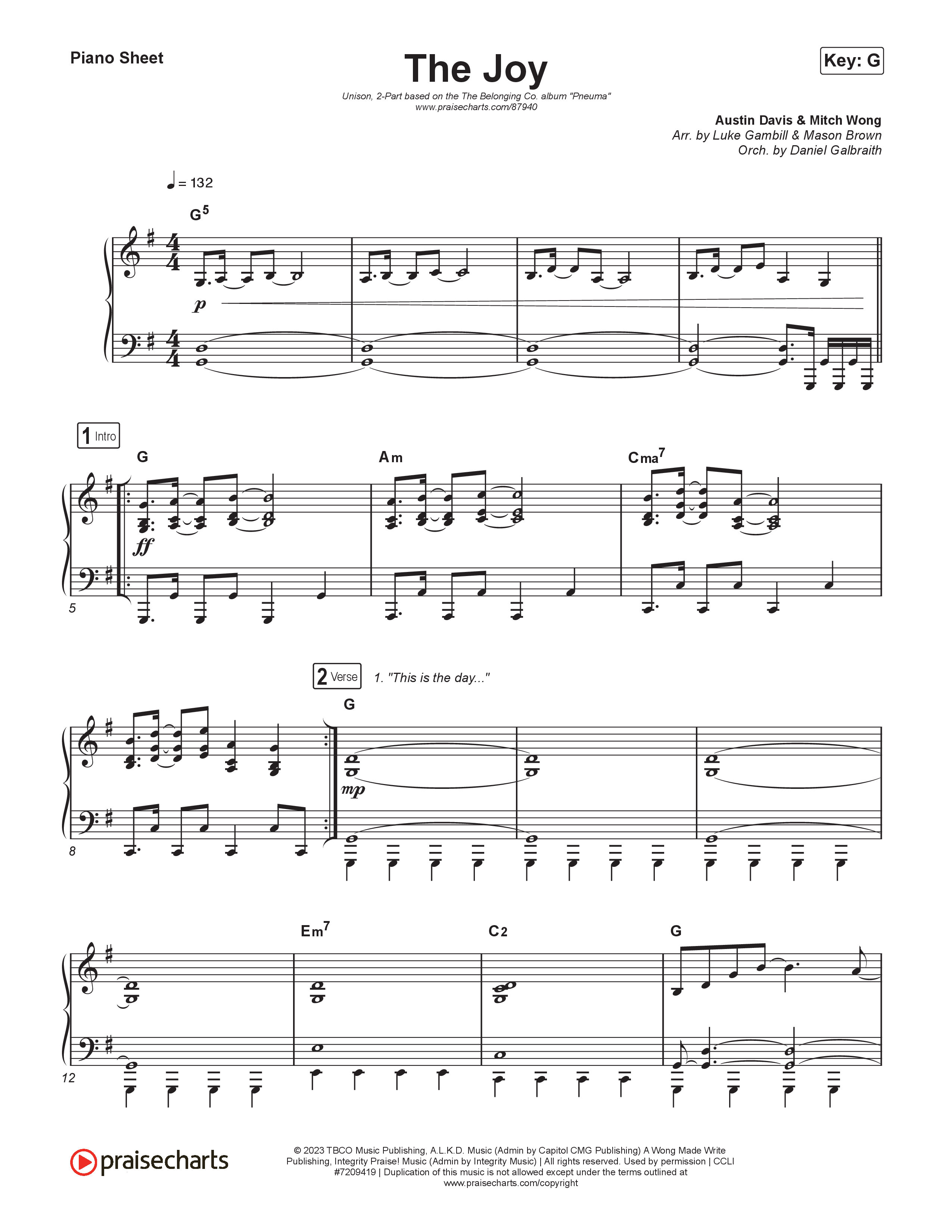 The Joy (Unison/2-Part) Piano Sheet (The Belonging Co / Andrew Holt)
