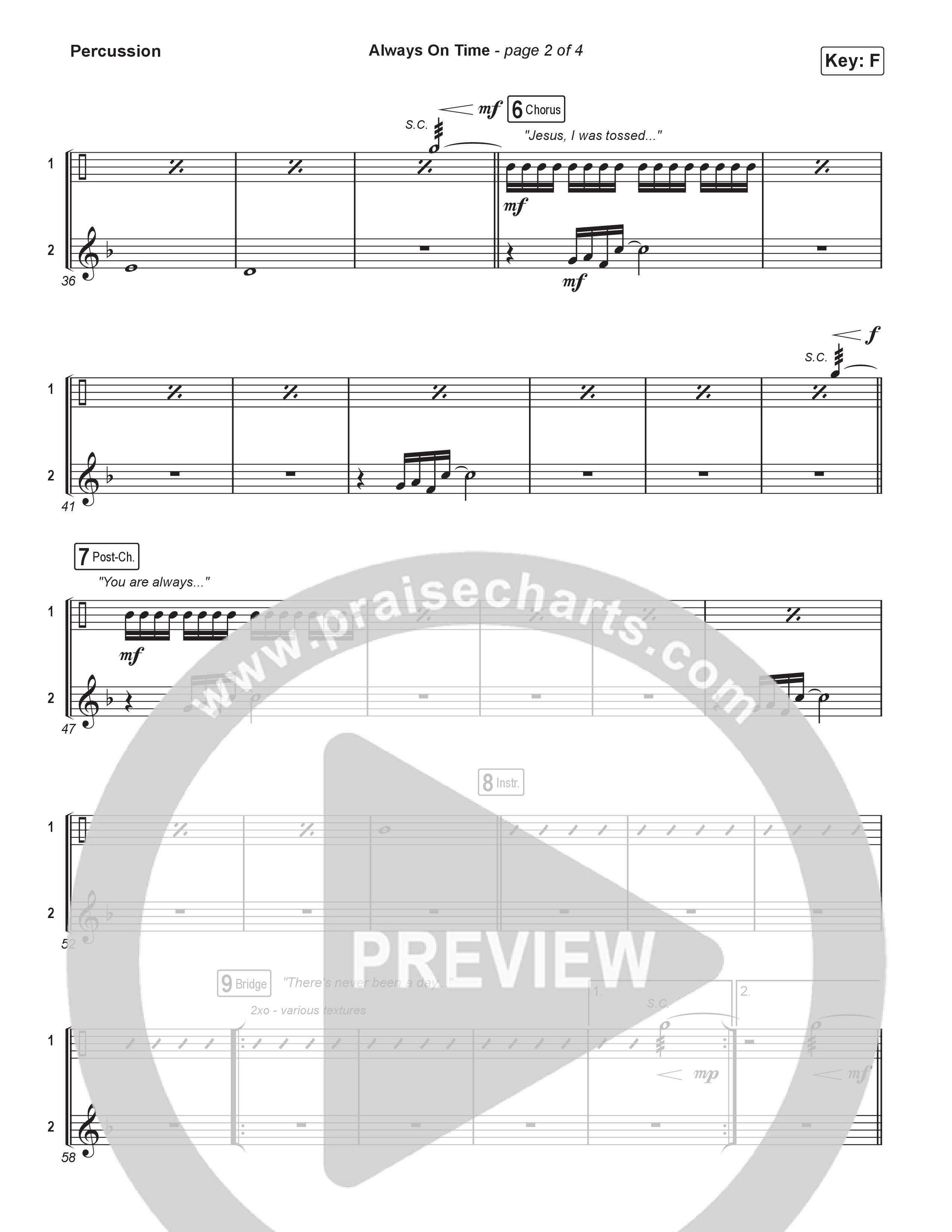 Always On Time (Choral Anthem SATB) Percussion (Elevation Worship / Bella Cordero / Arr. Luke Gambill)