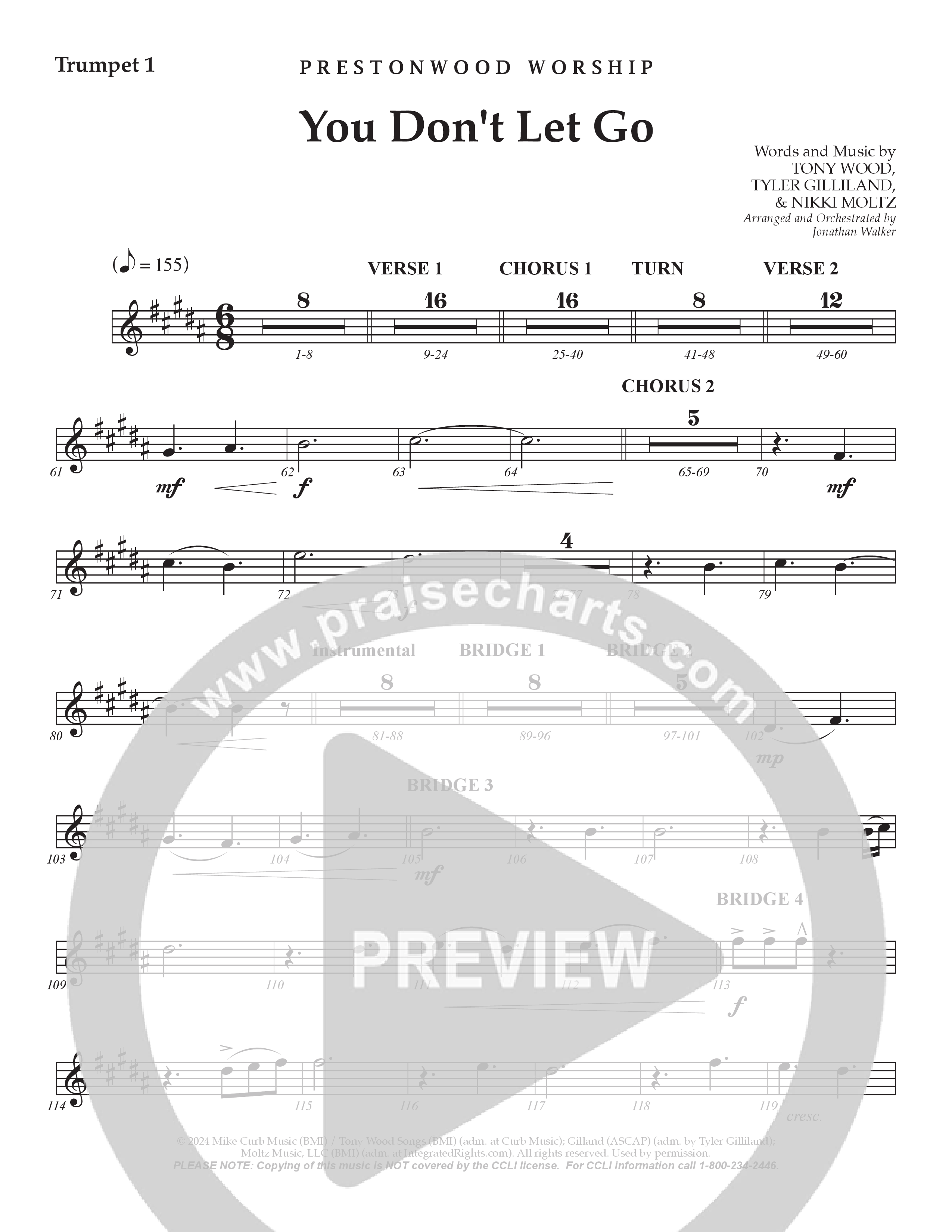 You Don't Let Go (Choral Anthem SATB) Trumpet 1 (Prestonwood Worship / Arr. Jonathan Walker)