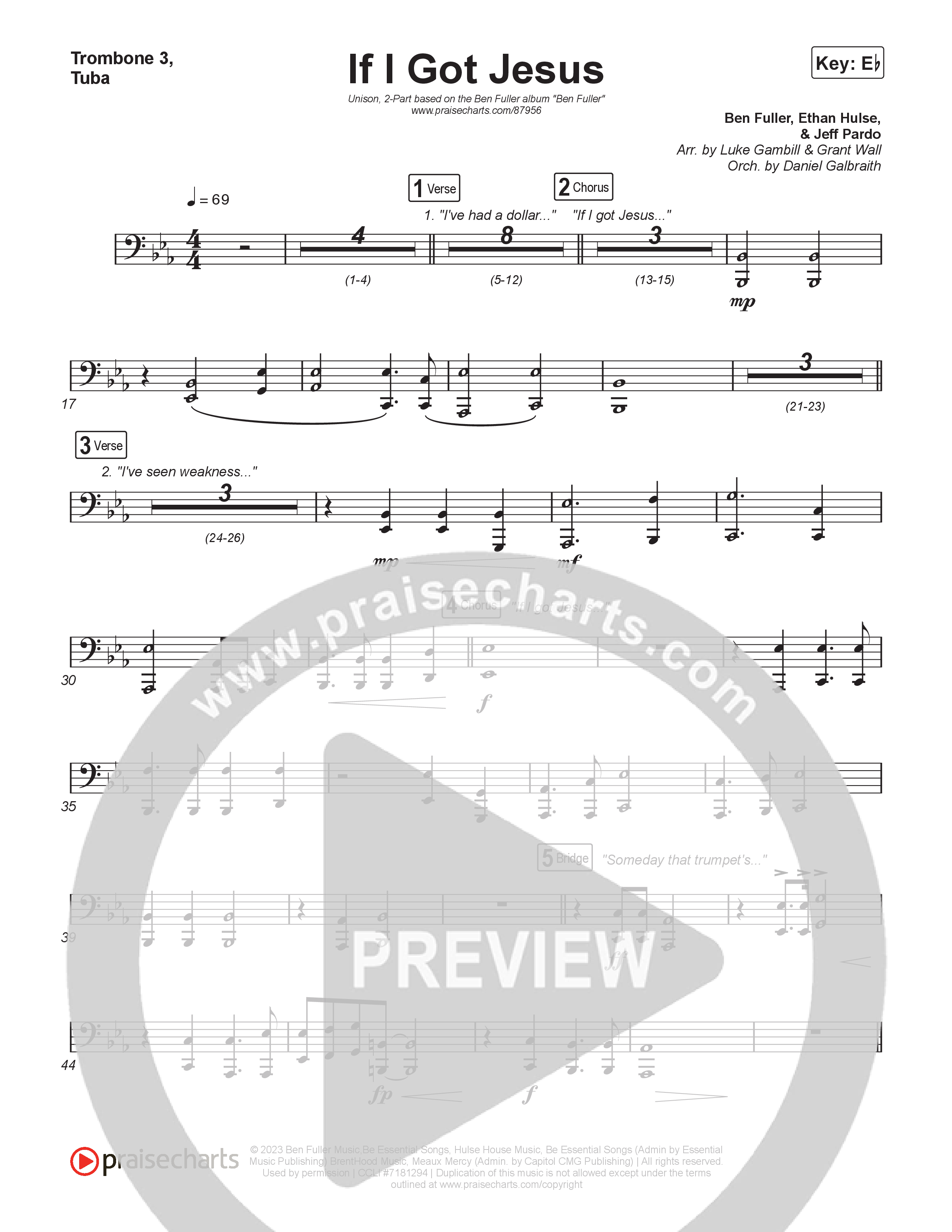 If I Got Jesus (Unison/2-Part) Trombone 3/Tuba (Ben Fuller / Arr. Luke Gambill)